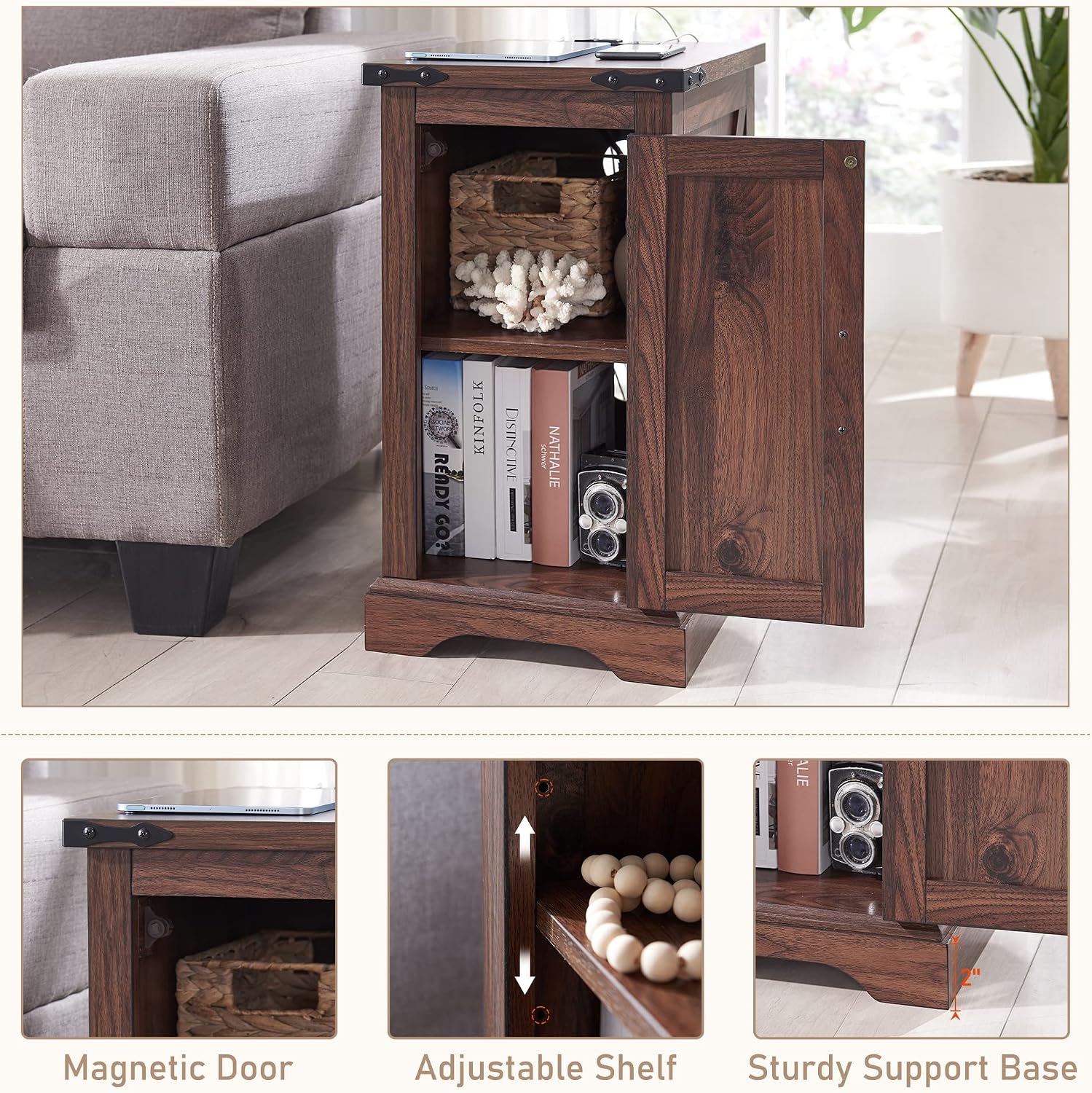 JXQTLINGMU Nightstand with Charging Station, Rectangular Farmhouse End Table with Barn Door and Adjustable Storage Shelf, 17' Deep Wood Rustic Sofa Side Table for Living Room, Bedroom, Brown