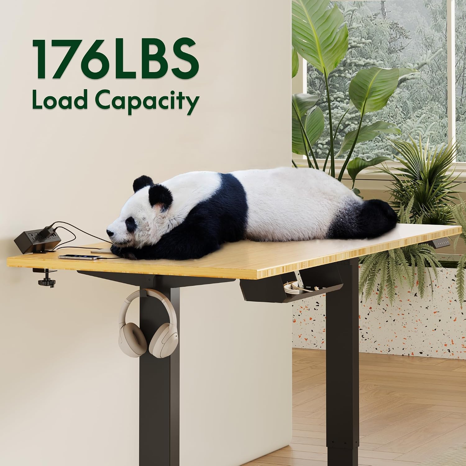 FLEXISPOT EN2 Bamboo Standing Desk with Clamp Power Strip, 55 x 28 Electric Stand Up Height Adjustable Desk with Cable Management (Black Frame + 55' Bamboo Top, 2 Packages)