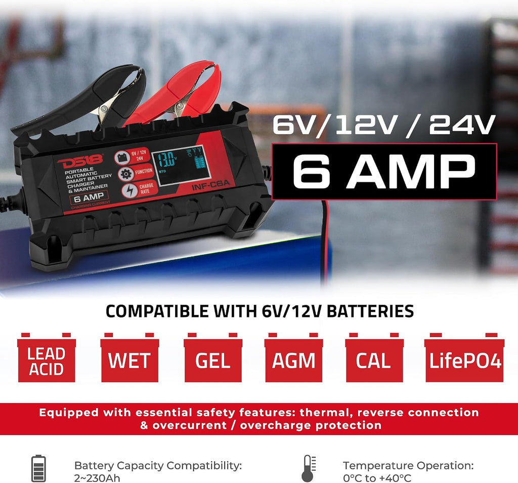 DS18 INF-C6A 6V/12V Car Battery Charger, Portable Automatic Smart Lithium and AGM Battery Trickle Charger & Maintainer 6A for Car Truck Motorcycle Lawn Mower Boat Marine Lead Acid Batteries