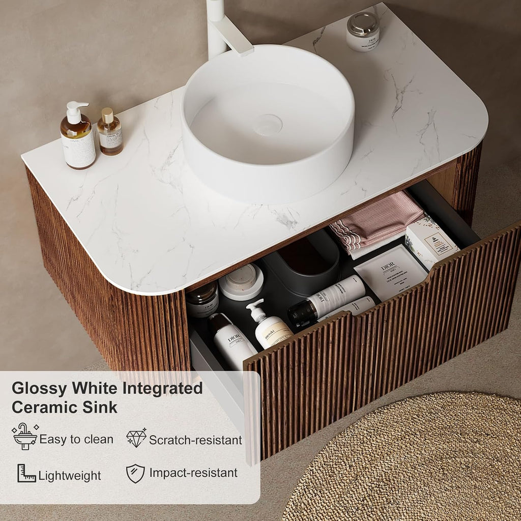 24' Modern Floating Bathroom Vanity with Sink, Wall-Mounted Cabinet with Ultra-Thin Ceramic Basin and Marble Top, Extra Large Storage Drawer, Soft-Close Design, Dark Walnut