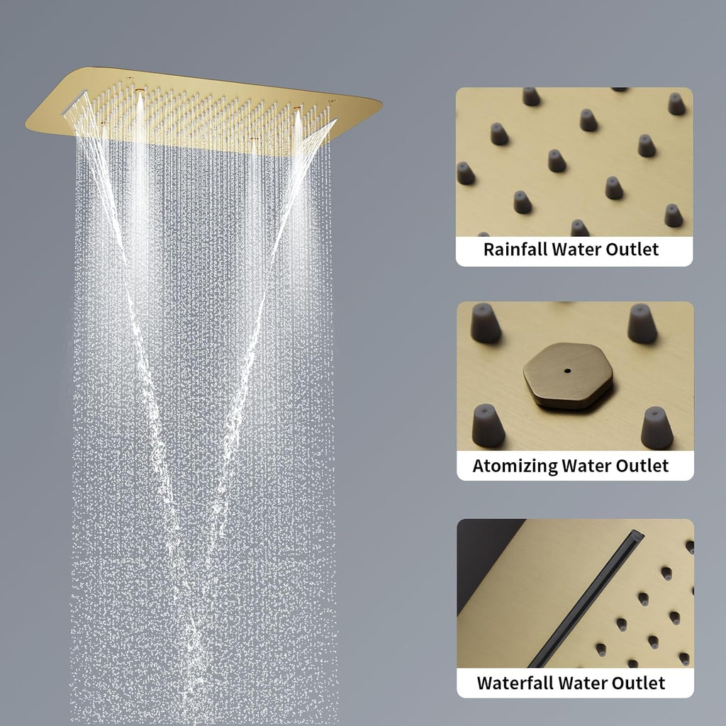 Brushed Gold Shower System with 16 X 24inch Large Triple Function Rain Waterfall Mist Shower Head, Ceiling Shower Faucet Fixtures Set with Thermostatic Shower Valve and 6PCS Shower Body Jets