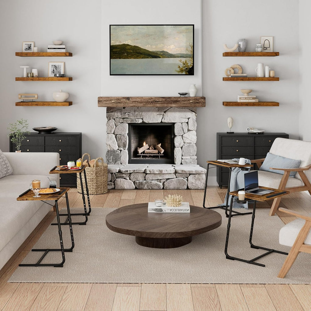 TV Trays Set of 4 - Folding TV Tray Adjustable Dinner Trays for Eating On Couch Wooden Tables Mate Stand Foldable Rustic Desk with Cup Holder Portable