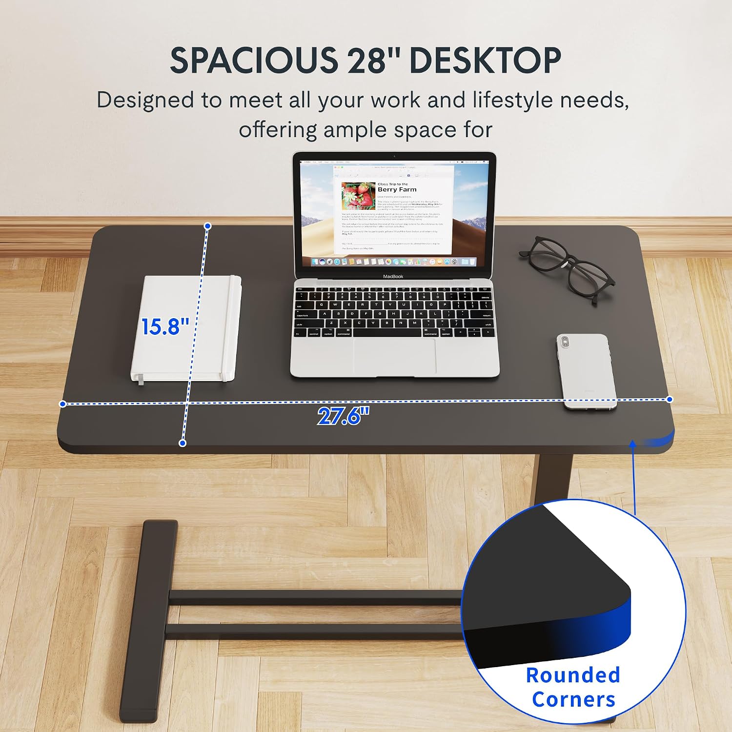 FLEXISPOT Height Adjustable C Table with Wheels, Mobile Snack Side End Table Sofa Couch Bedside Table Laptop Rolling Cart TV Tray Night Stand Small Space Side Table,(27.6' W x 15.7' D,Black)