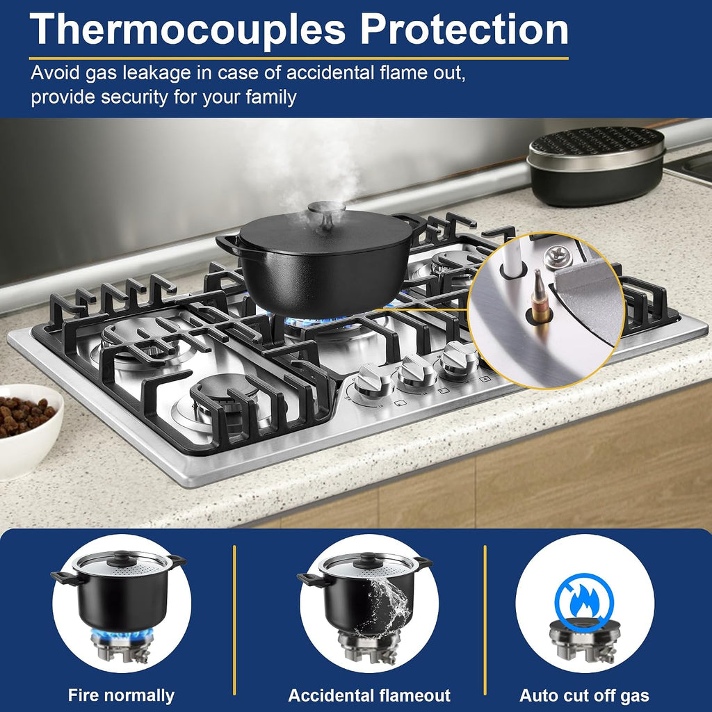 Amzgachfktch Gas Cooktop 30 Inch with 5 Italy SABAF Powerful Burners, Max 48,300 BTU/hr Gas Stove Top, Built-in 304 Stainless Steel Propane Stove, NG/LPG Convertible, CSA Certified