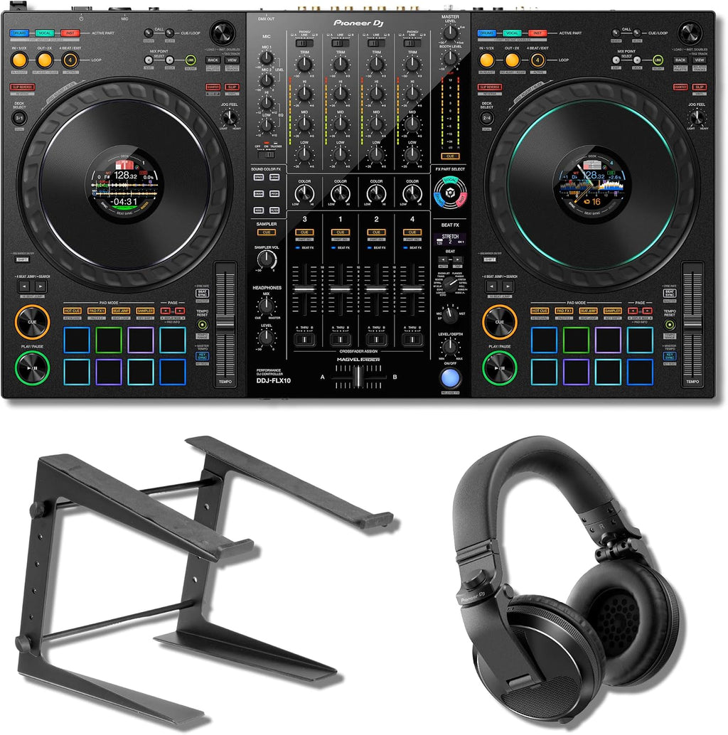 Pioneer DDJ-FLX10 4-Deck DJ Controller Bundle with Pioneer HDJ-X5-K Professional DJ Headphones and On-Stage LPT5000 Laptop Stand | Rekordbox + Serato DJ Pro | Complete Professional DJ Monitoring Setup