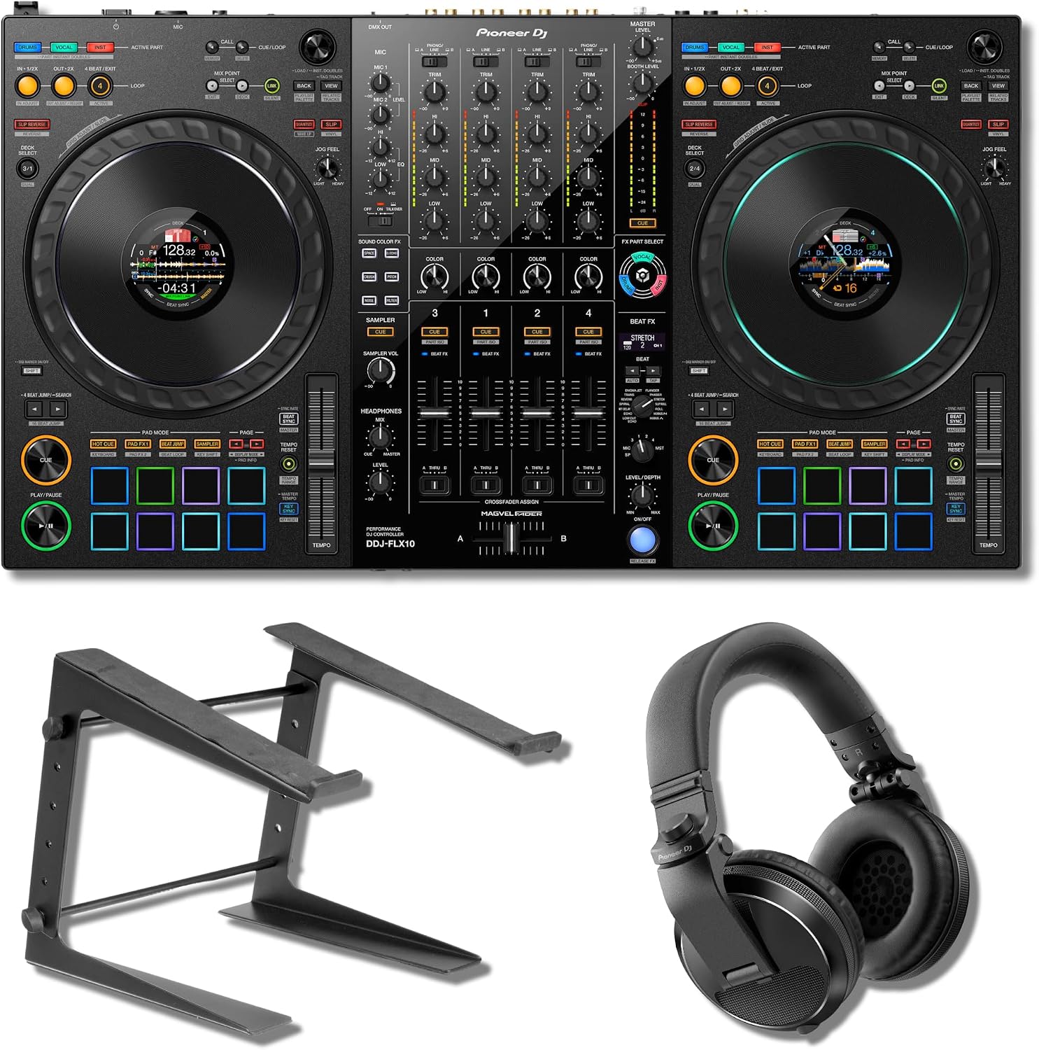 Pioneer DDJ-FLX10 4-Deck DJ Controller Bundle with Pioneer HDJ-X5-K Professional DJ Headphones and On-Stage LPT5000 Laptop Stand | Rekordbox + Serato DJ Pro | Complete Professional DJ Monitoring Setup