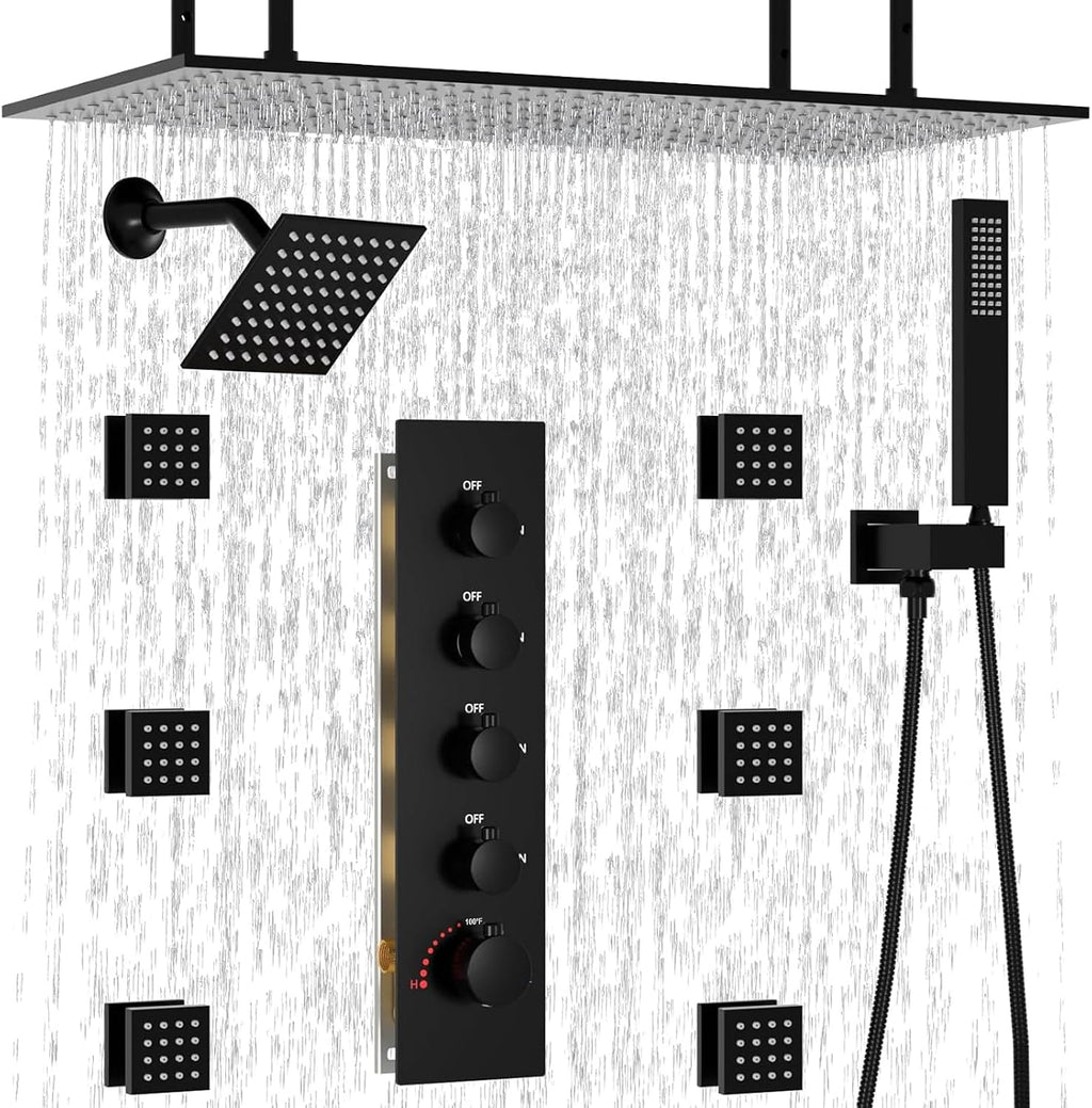 HOMEDEC 15.7x31.5' Ceiling Mounted Rainfall and 6' Wall Mounted Shower Heads with 6 Body Jets, Dual Shower Head System Rain Shower Faucet Set, Black
