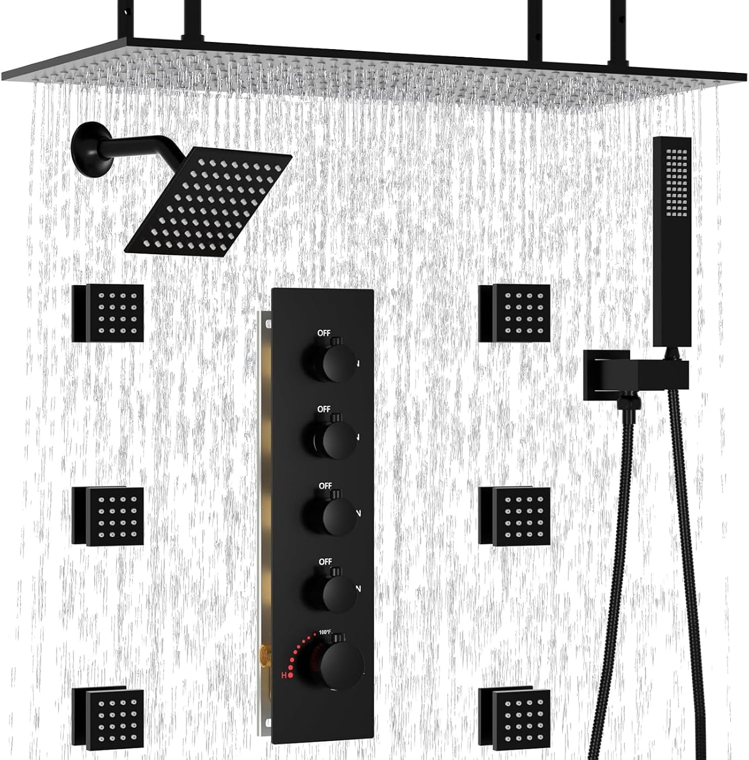 HOMEDEC 15.7x31.5' Ceiling Mounted Rainfall and 6' Wall Mounted Shower Heads with 6 Body Jets, Dual Shower Head System Rain Shower Faucet Set, Black