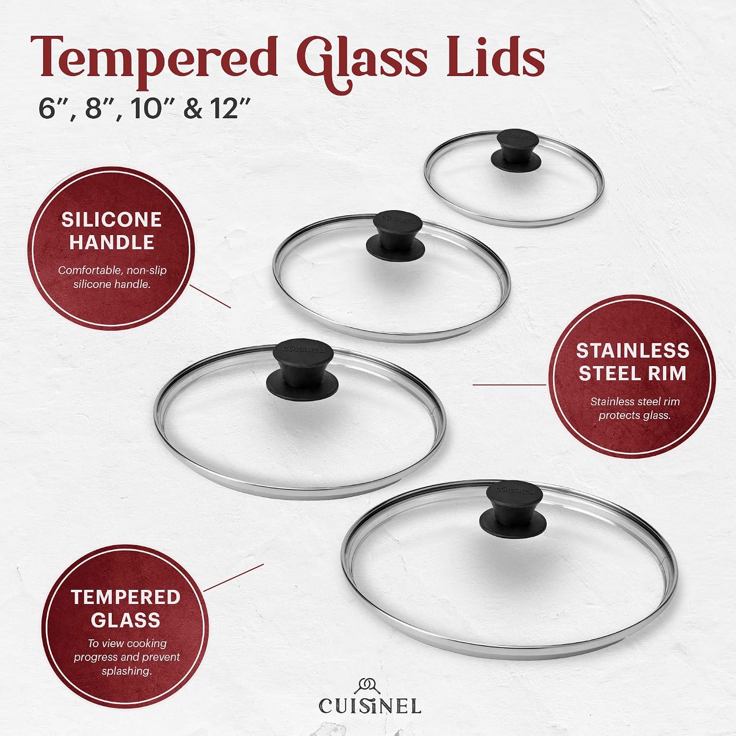 Cuisinel Cast Iron Skillets Set - 6'+8'+10+12'-Inch + Glass Lids + Silicone Handle Holder Cover Grips - Pre-Seasoned Frying Pan - Oven Safe Cookware - Indoor/Outdoor Use - Grill, Stovetop, Fire Safe