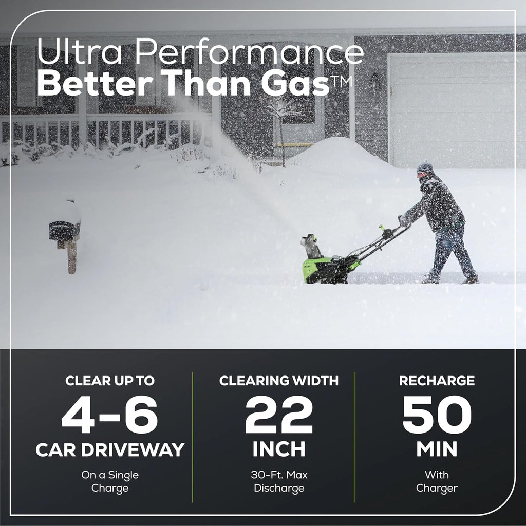 Greenworks Pro 60V 22' Brushless Cordless Snow Blower (Single Stage), (2) 5.0Ah Batteries and Dual Port Charger Included