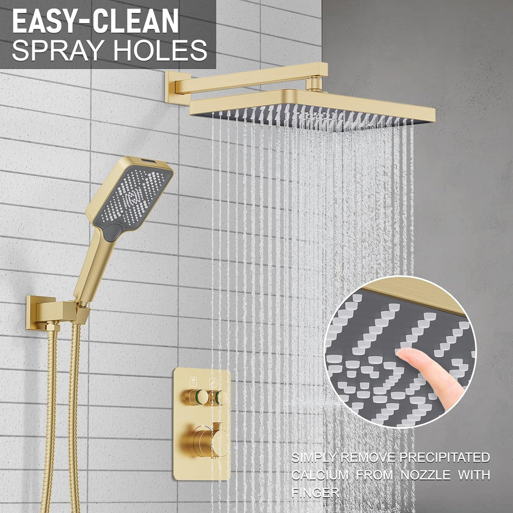 Thermostatic Shower System 13-Inch Rainfall Shower Head - 3 Setting Handheld Sprayer, Complete Bathroom Set with Faucet Mixer Trim Kit & Valve Brushed Gold