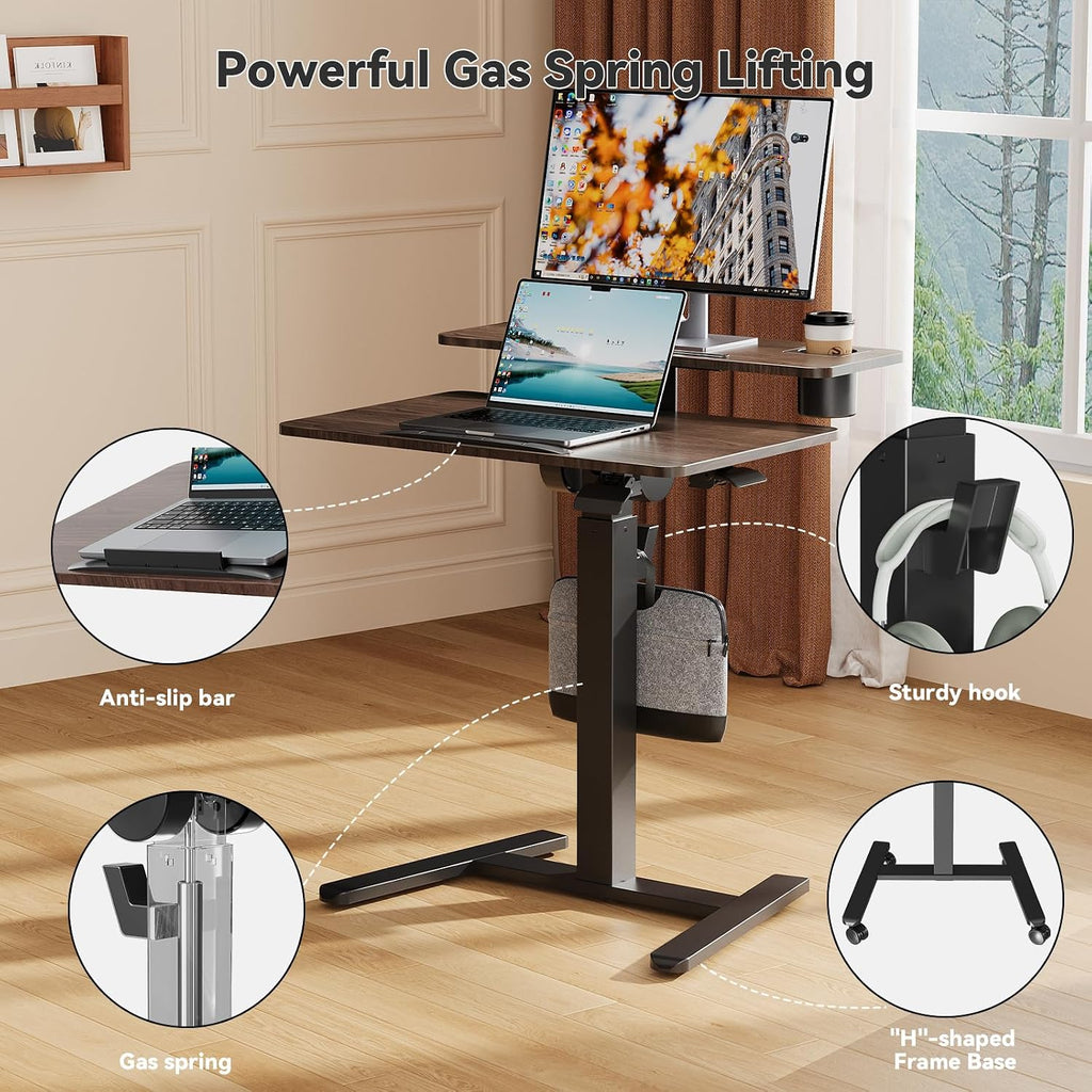 28 inch Mobile Standing Desk On Wheels， Small Computer Workstation Adjustable Height，Rolling Laptop Stand with Tiltable Desktop， 2-Tier Portable Study Table with Storage Shelf， Walnut