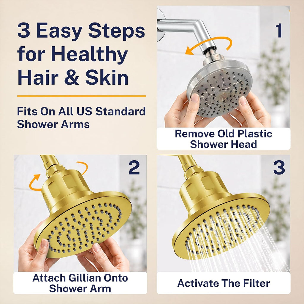 Gillian™ by HammerHead High Pressure Shower Head with Filter – Genuine KDF-55 Filtered Shower Head for Hard Water, Healthier Skin & Hair – Metal 6-Inch Rainfall Showerhead with Filters, Brushed Gold