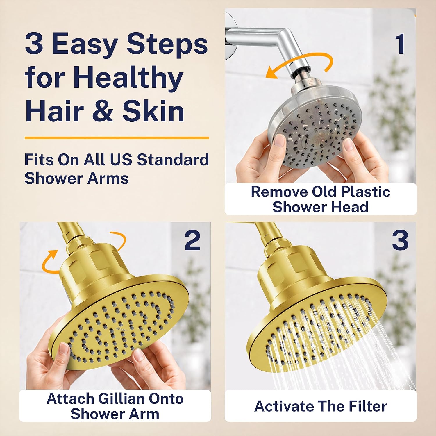 Gillian™ by HammerHead High Pressure Shower Head with Filter – Genuine KDF-55 Filtered Shower Head for Hard Water, Healthier Skin & Hair – Metal 6-Inch Rainfall Showerhead with Filters, Brushed Gold