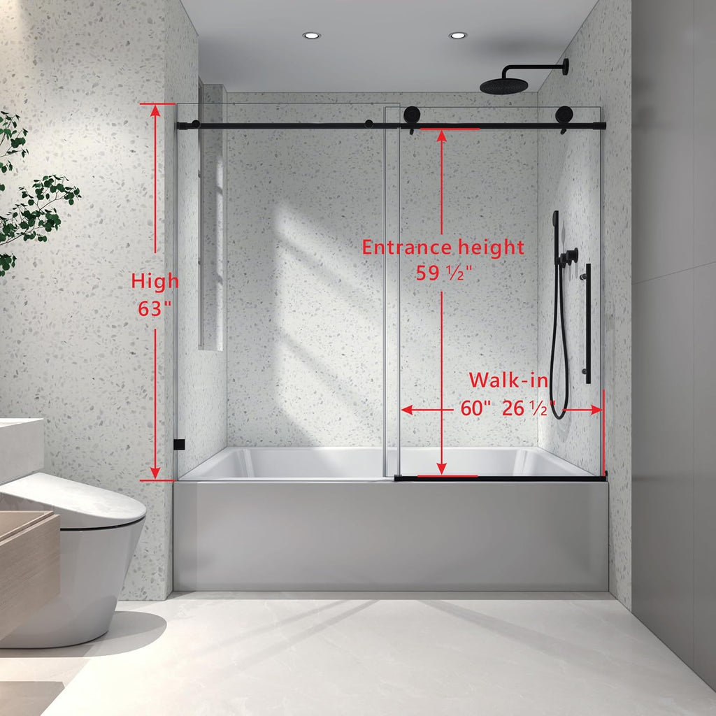 Favfurish Single Sliding Shower Door,55'-60' W x 63' H Frameless Shower Door with 5/16' (8mm) Thick SGCC Tempered Glass W/Adjustable Soft Closing,Bathroom Glass Door for Spa（Matte Black）