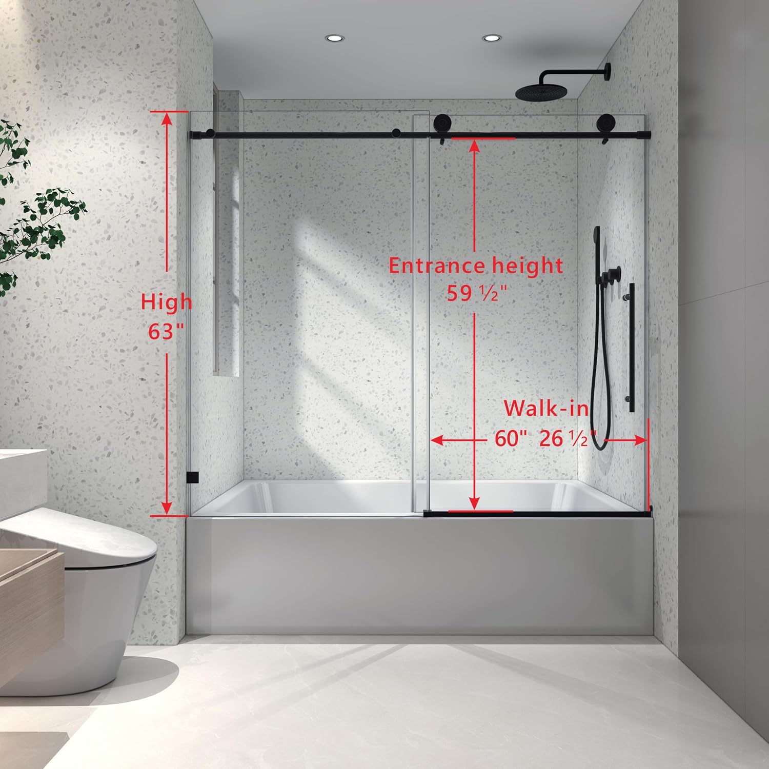 Favfurish Single Sliding Shower Door,55'-60' W x 63' H Frameless Shower Door with 5/16' (8mm) Thick SGCC Tempered Glass W/Adjustable Soft Closing,Bathroom Glass Door for Spa（Matte Black）