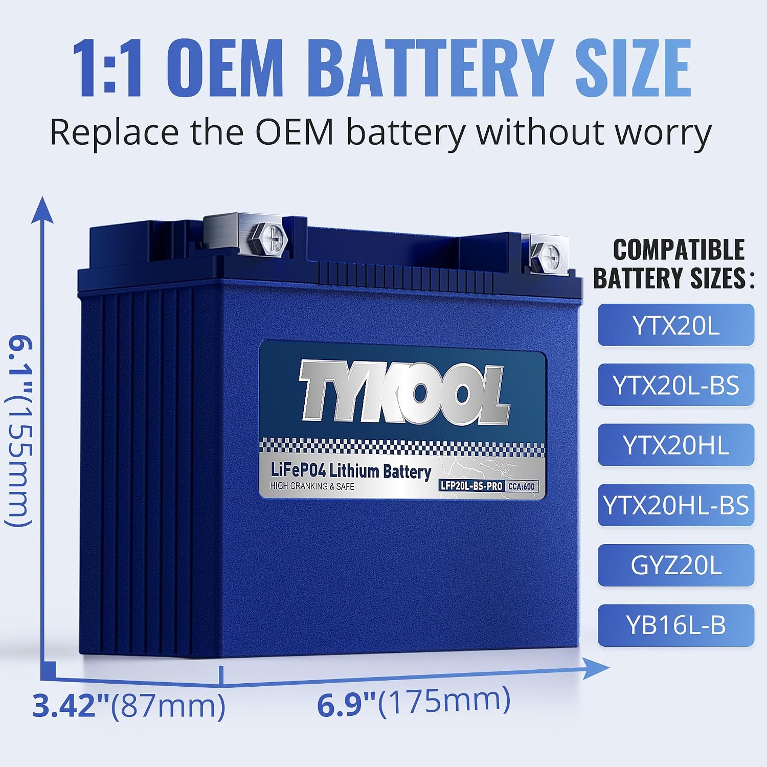 TYKOOL LFP20L-BS-PRO Lithium Motorcycle Battery, Replaces YTX20HL-BS GYZ20L GYZ20HL, 600CCA 12Ah Fits for ATV UTV PWC, Compatible with Polaris Sportsman 850 1000 Ranger XP, Sea-Doo RXT and GTX
