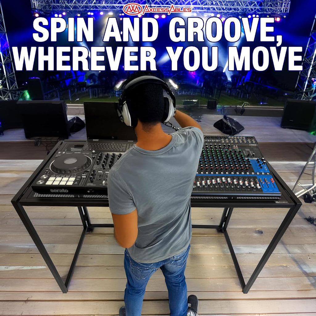 AxcessAbles Portable DJ Table XL – 54' x 27' Music Workstation | 35' Standing Height, 400lb Capacity | Collapsible FOH Sound Desk for DJs, Mixing Consoles, Guitar Techs| Recording Desk | DJ Booth