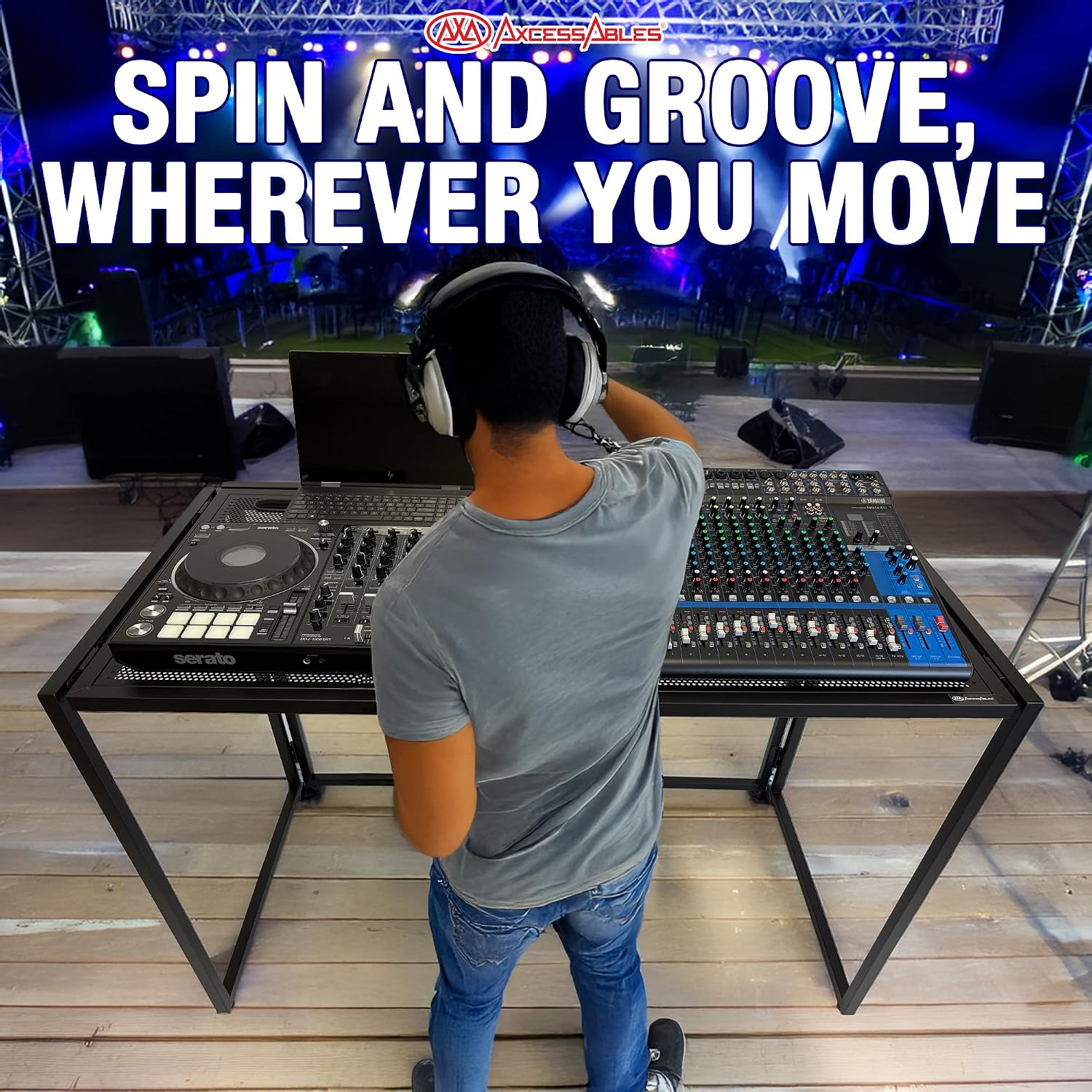 AxcessAbles Portable DJ Table XL – 54' x 27' Music Workstation | 35' Standing Height, 400lb Capacity | Collapsible FOH Sound Desk for DJs, Mixing Consoles, Guitar Techs| Recording Desk | DJ Booth