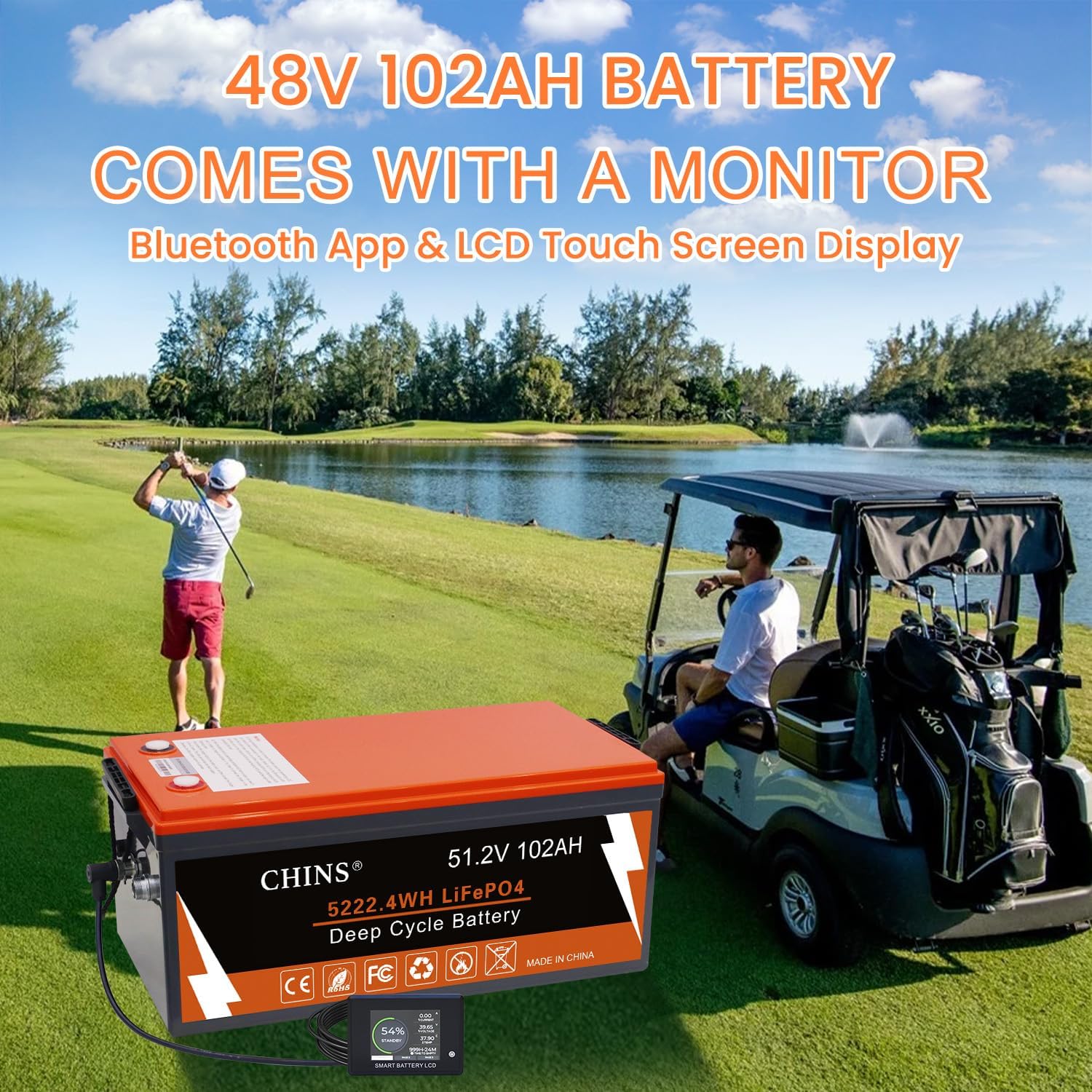 CHINS 48V 102Ah Lithium Golf Cart Battery, Built-in Smart 200A BMS, 48V Lithium Battery 4000+ Cycles Rechargeable, 48V LiFePO4 Battery Perfect for Golf Cart