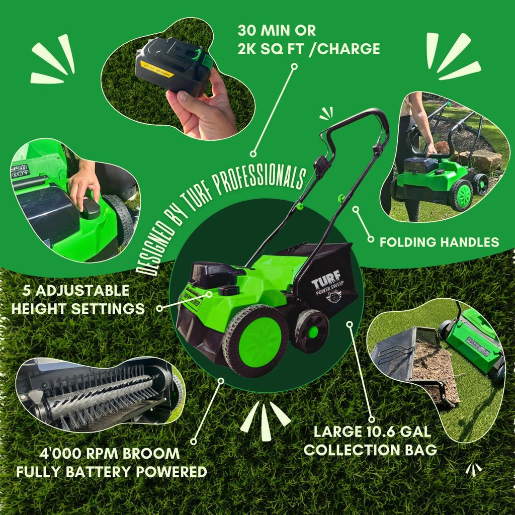 Complete Artificial Turf Care Kit – Includes Cordless Battery Powered Turf Power Sweep Artificial Turf Sweeper, Turf Animal Pro-Strength Odor Remover Starter Kit & Turf Static Sweep Detail Edger Broom