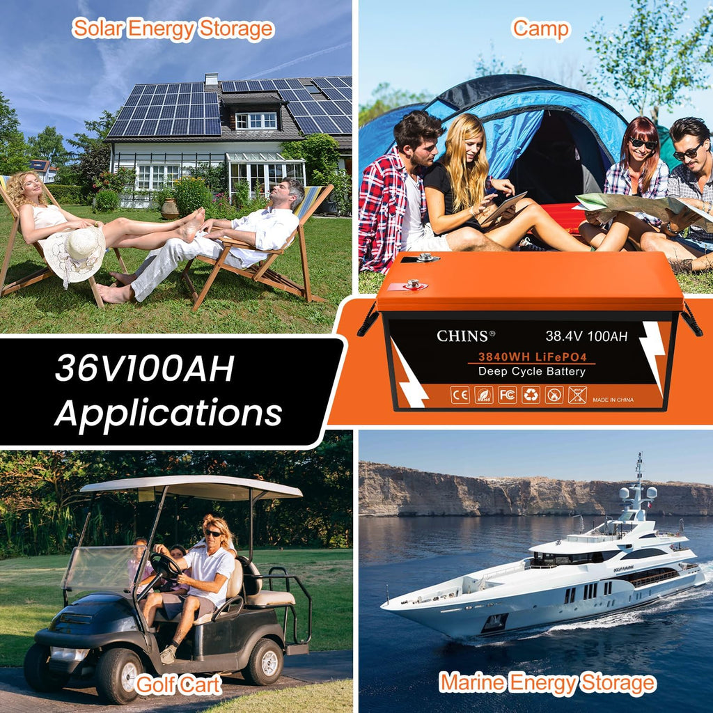 CHINS 36V 100Ah Lithium Golf Cart Battery, Includes 36V 25A Charger, Monitor, Built-in Bluetooth 200A BMS, 4000+ Cycles, 36 Volt Lithium Battery for Golf Cart