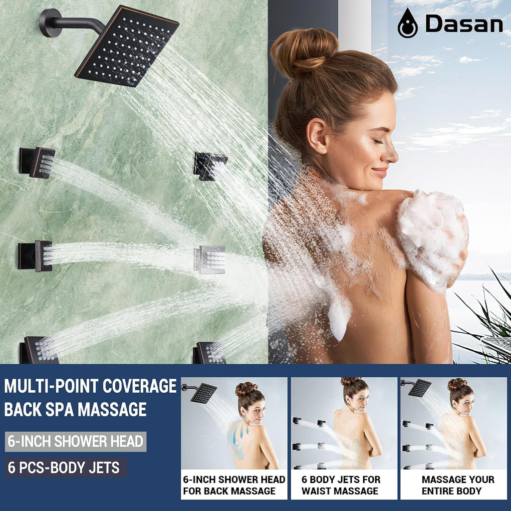 Dasan Thermostatic Dual Shower Head System with 6 Body Jets, 6-Inch Shower & 16' Rainfall Shower, Luxury Oil Rubbed Bronze Shower Faucet Set Tandem Rain Shower Head System for Couples/2-Person