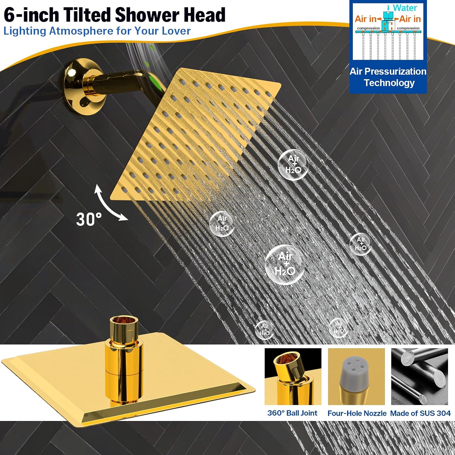 ENGA Bright Gold Dual Rain Shower Head System, 2 In 1 Functions Ceiling Mount 14x20inch LED Shower Head with 6 Inch Shower Head, Rainfall Waterfall Shower Faucet Set
