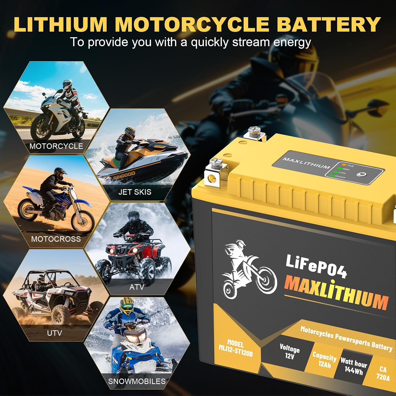 YTX20L-BS/YTX20-BS 12V 12Ah 720A Lithium Powersports Battery with Smart BMS, YTX20H-BS/YTX20HL-BS, Compatible ATV, UTV, Moped, Snowmobile, 4 Wheeler, Lawn Mower, and Generator Battery, motorboat
