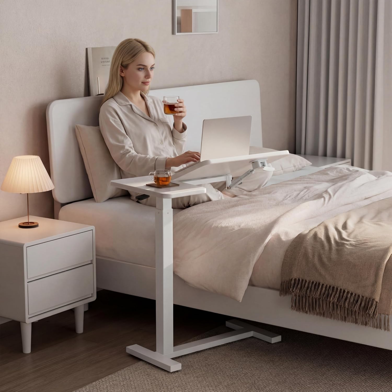 Solid Wood Overbed Bedside Table with Wheels, Tilting Adjustable Hospital Bed Table Over The Bed, Medical Mobile Laptop Stand, Rolling Standing Desk for Hospital and Home Use(White)