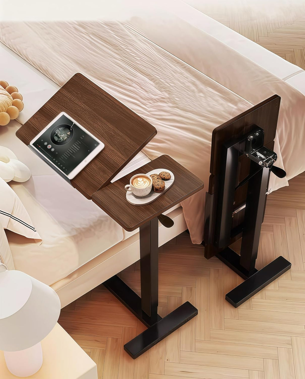 Upgraded Overbed Bedside Desk with Hidden Wheels, Height Adjustable Rolling Laptop Stand with Extended Front Stopper, Tilting Over Bed Table for Bed Sofa, Walnut