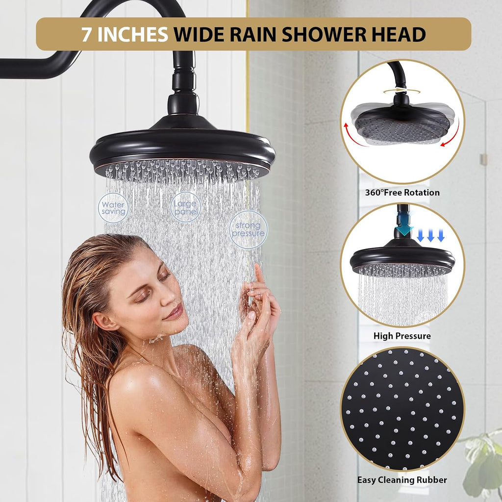 Rainfall Shower System with Handheld Sprayer,Oil Rubbed Bronze Antique Shower Faucet Sets,Shower Fixture Combo with Brass Pressure Balance Valve,Complete Shower Kit with Foldable Tub Spout