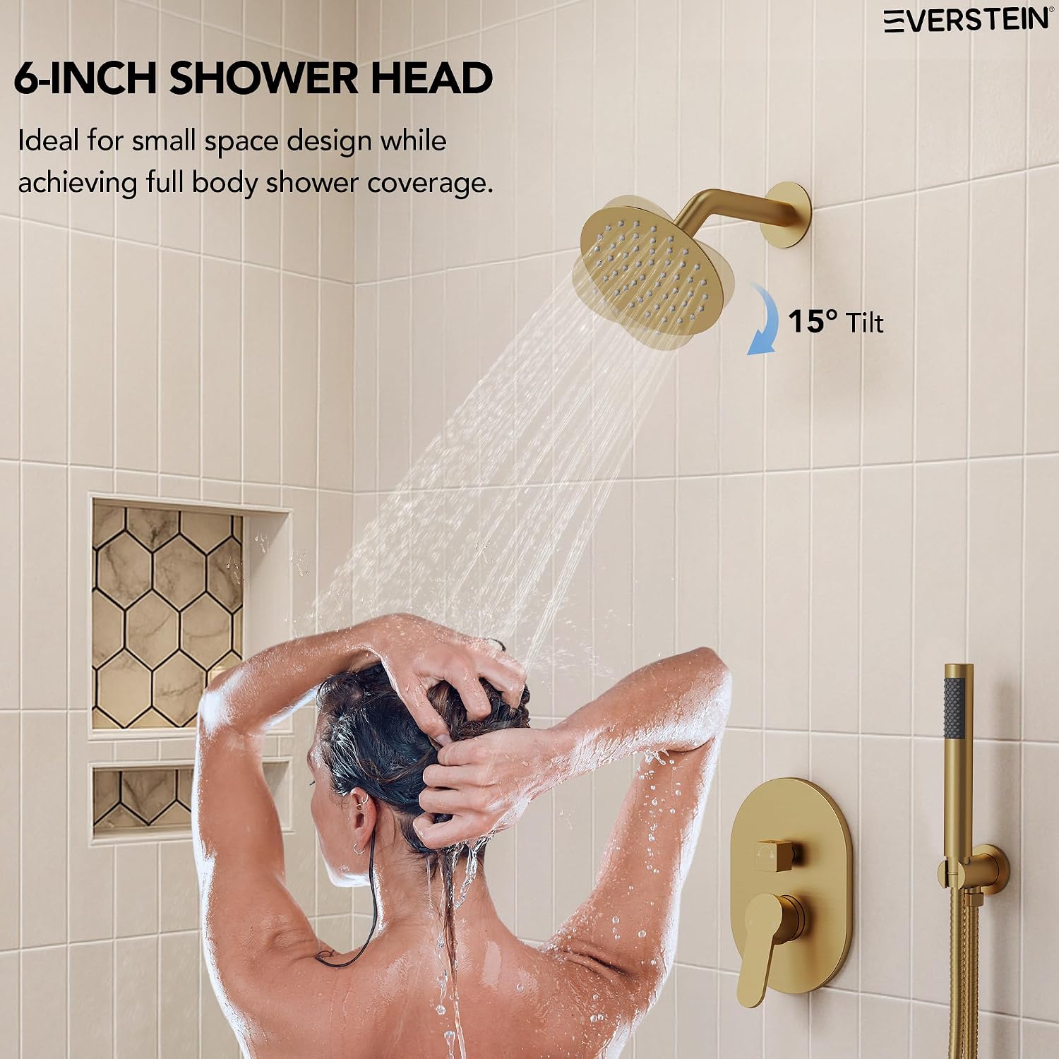 6' High-Pressure Shower System with Handheld Spray, Wall Mount Round Bathroom Shower Faucet Set with Valve (Brushed Gold)