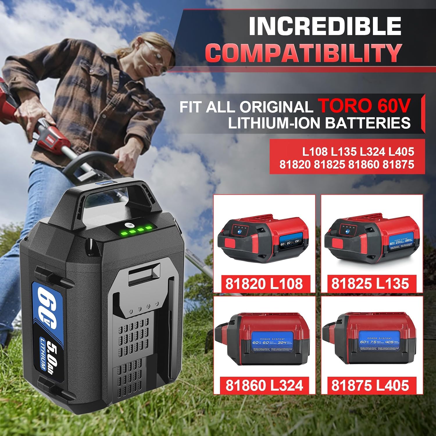 5.0Ah Replacement Battery for Toro 60V Battery 88620 88625 88640 88660 88675 Compatible with Toro 60V Battery Flex-Force Power System Tools Lawn Mowers Snow Blowers Leaf Blowers Trimmers