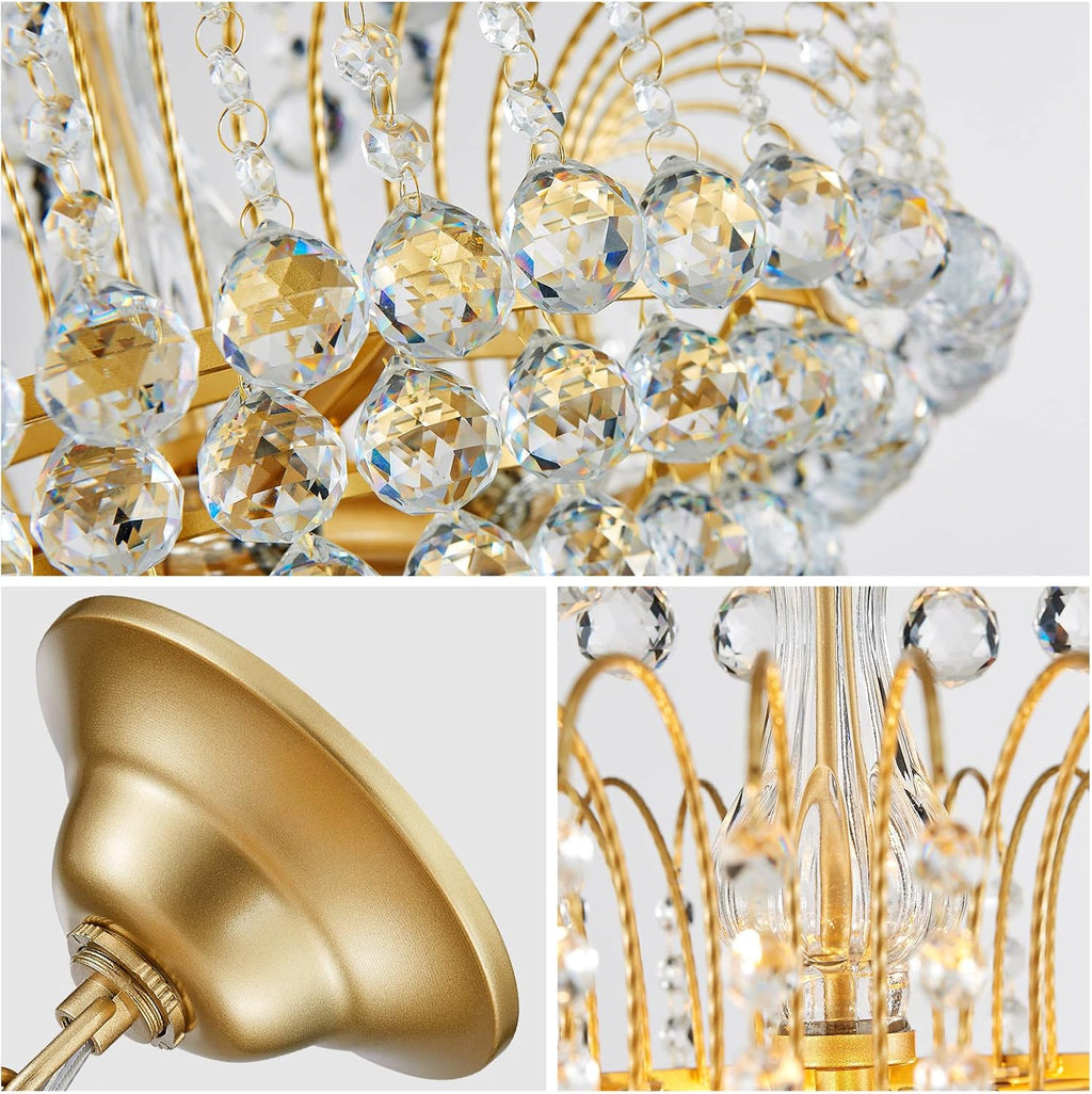 WUZUPS Crystal Chandelier Pendant Flushmount Ceiling Light Modern Lighting Fixture for Bedroom Hallway Bar Kitchen Bathroom, H 17.3' x W 18.9', Gold, E12 Base