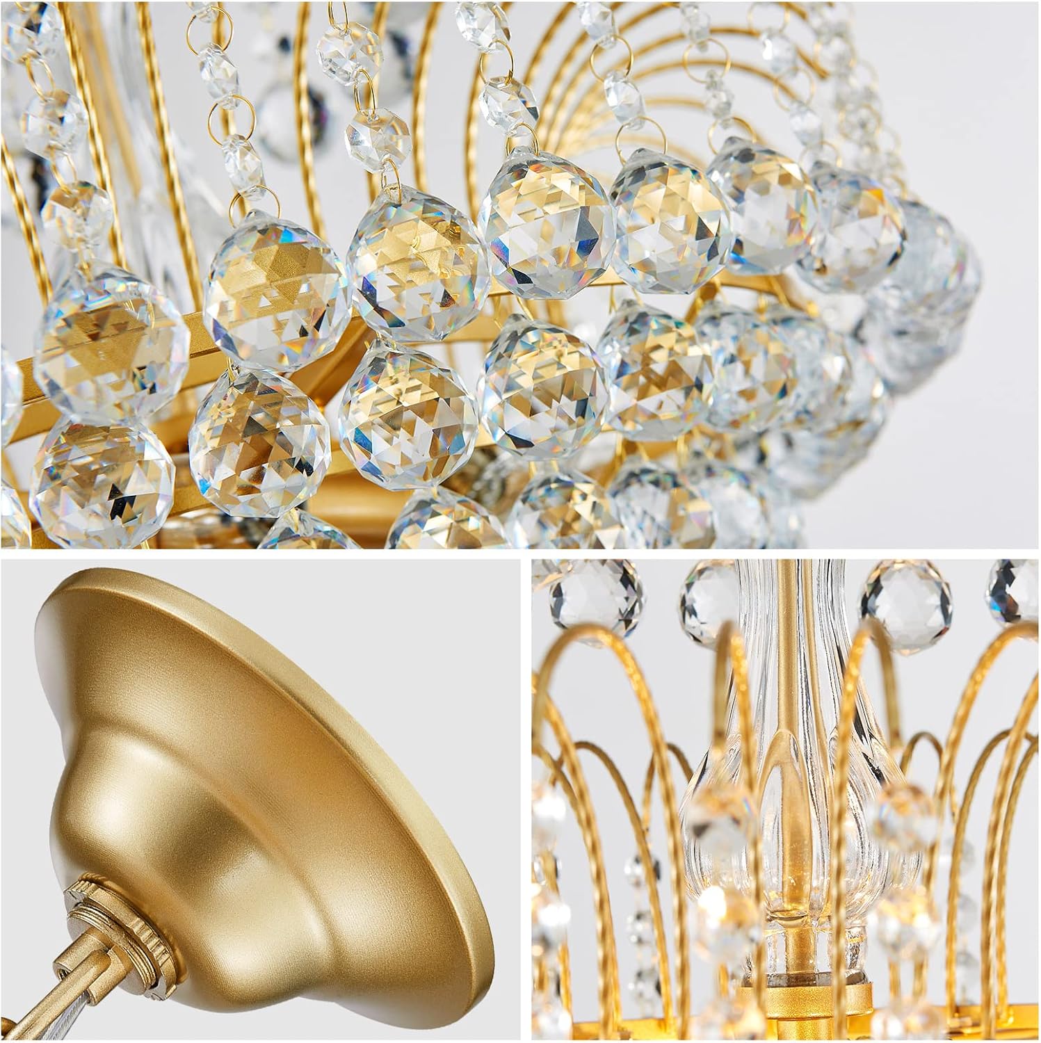 WUZUPS Crystal Chandelier Pendant Flushmount Ceiling Light Modern Lighting Fixture for Bedroom Hallway Bar Kitchen Bathroom, H 17.3' x W 18.9', Gold, E12 Base