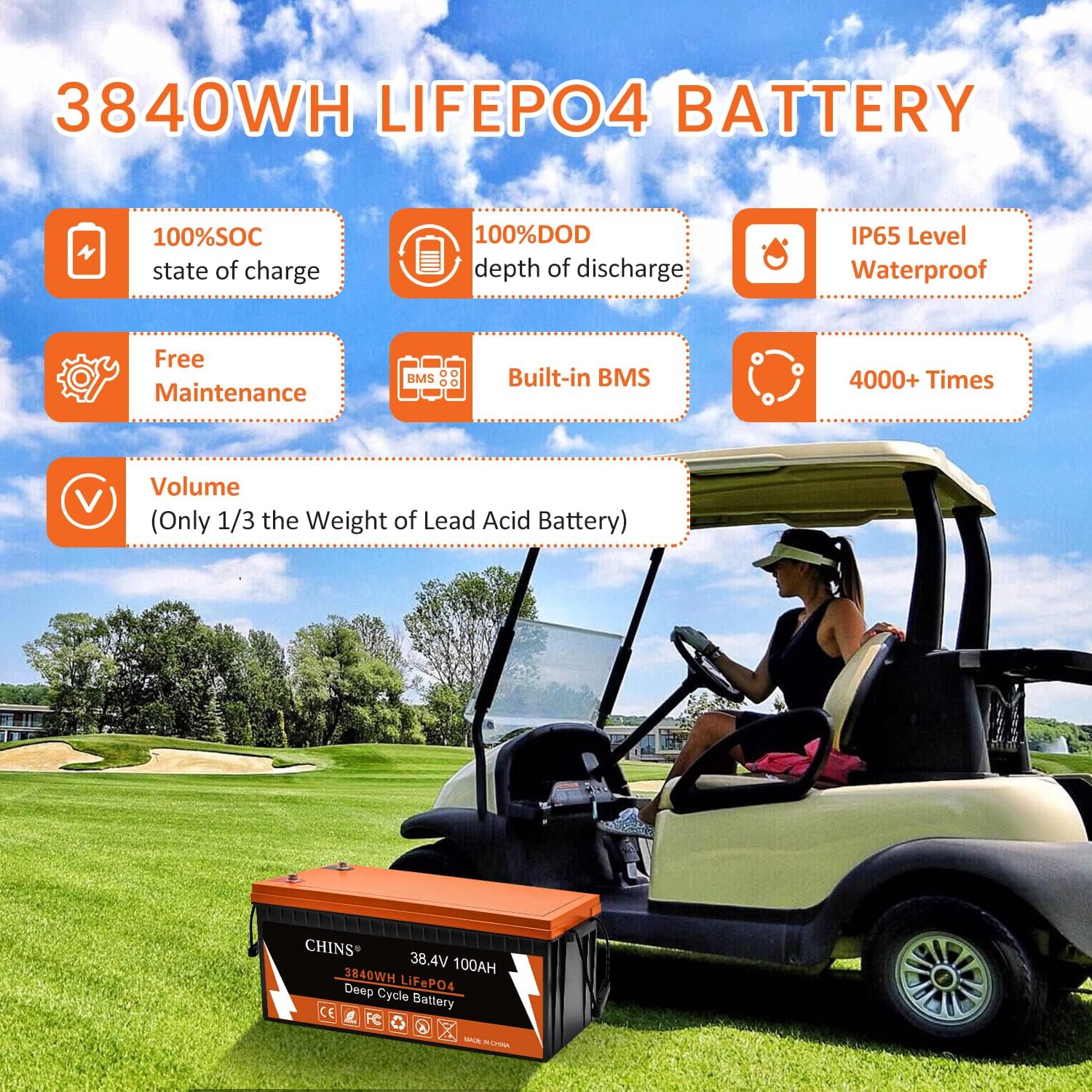 CHINS 36V 100AH Lithium Battery for Golf Cart with 36V 25A Charger, Monitor, Built-in Bluetooth 200A BMS, 36V Golf Cart Battery with 7.68kW Output, 1000A Peak Current