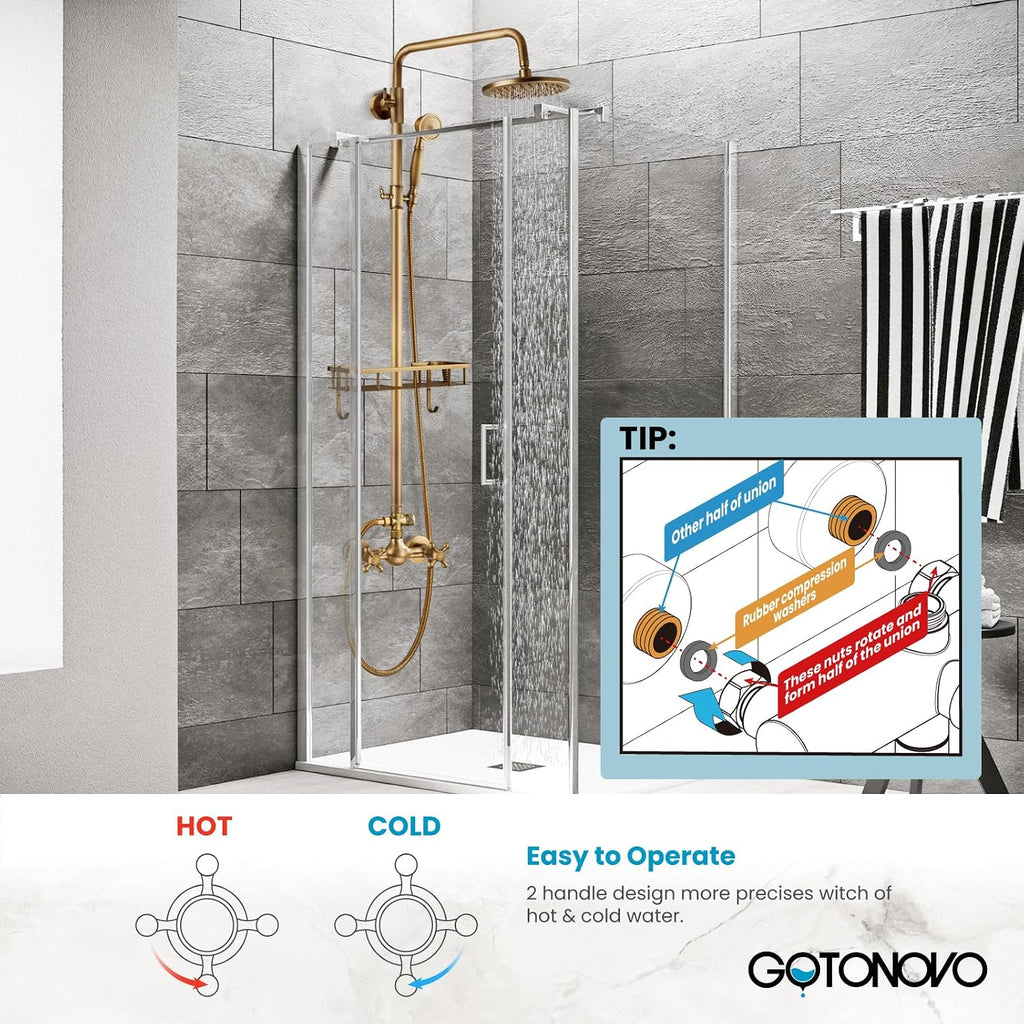 gotonovo Exposed Shower Faucet Set with Shower Shelf 8 inch Rainfall Shower Head with Handheld Sprayer Double Cross Handles Shower System Dual Functions Wall Mounted Antique Brass