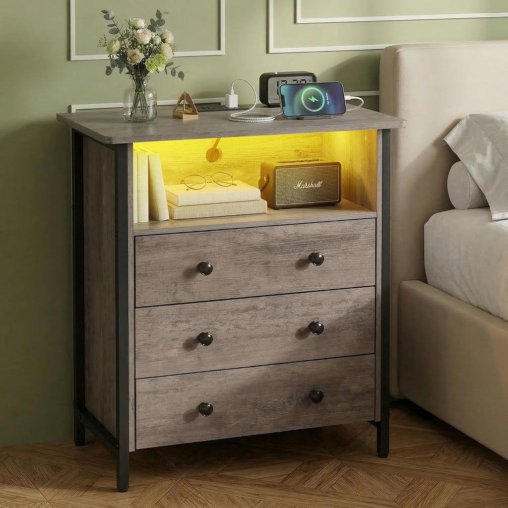 27 Inch Wide Nightstand Set of 2 with Charging Station, Large Nightstand Set 2 with 3 Wood Drawers & LED Lights, Big Bedside Table with Open Shelf for Bedroom, Guest Room, Office, Gray.