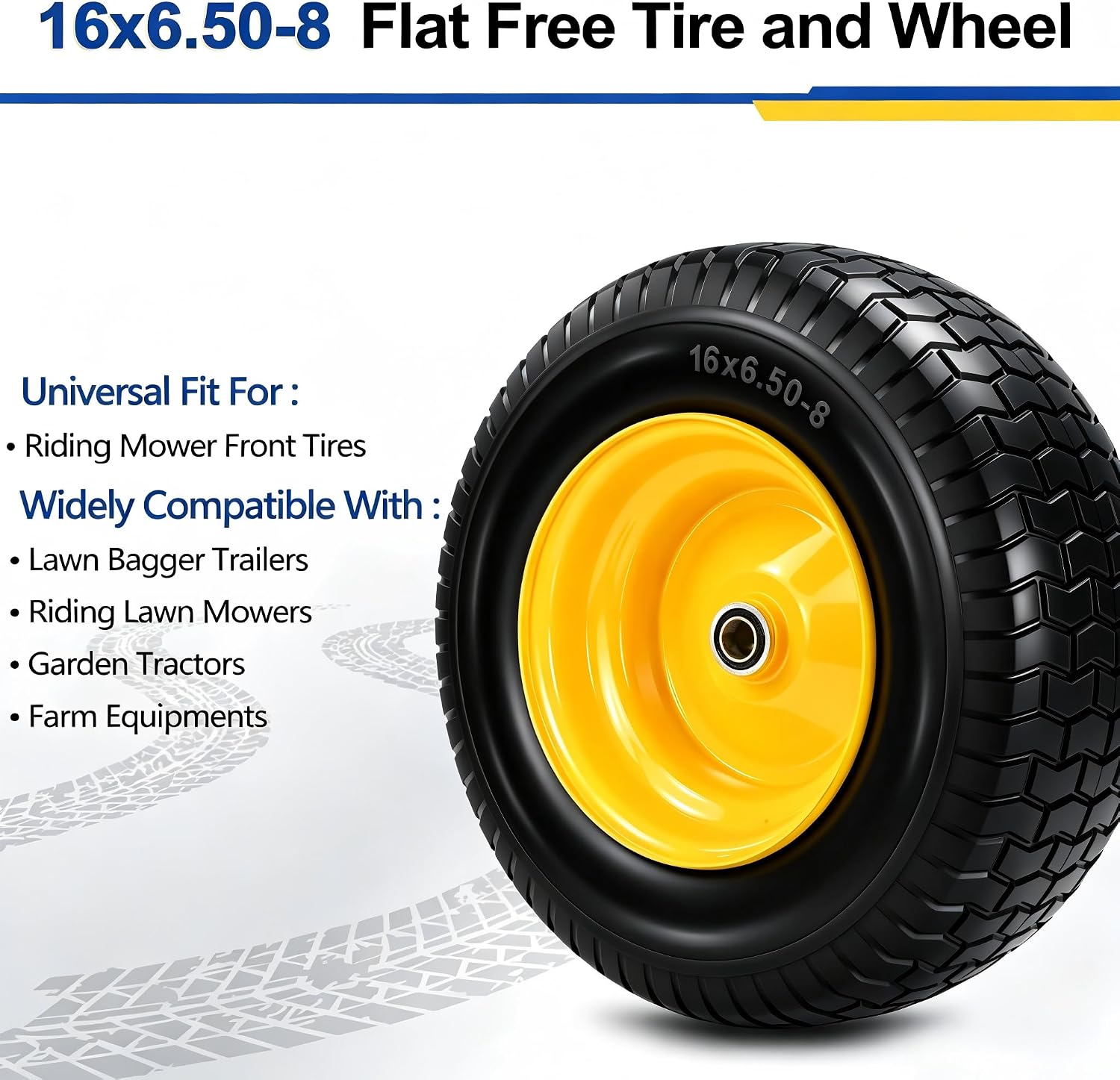 2 Pcs 16x6.50-8 Flat Free Lawn Mower Tire and Wheel, 16x6.5-8 Solid Turf Tire with 3/4' Bearing & Extra 1' Bushing, 3'-5' Offset Hub, Replacement Front Tire for Riding Mower and Graden Tractor, 550LBS