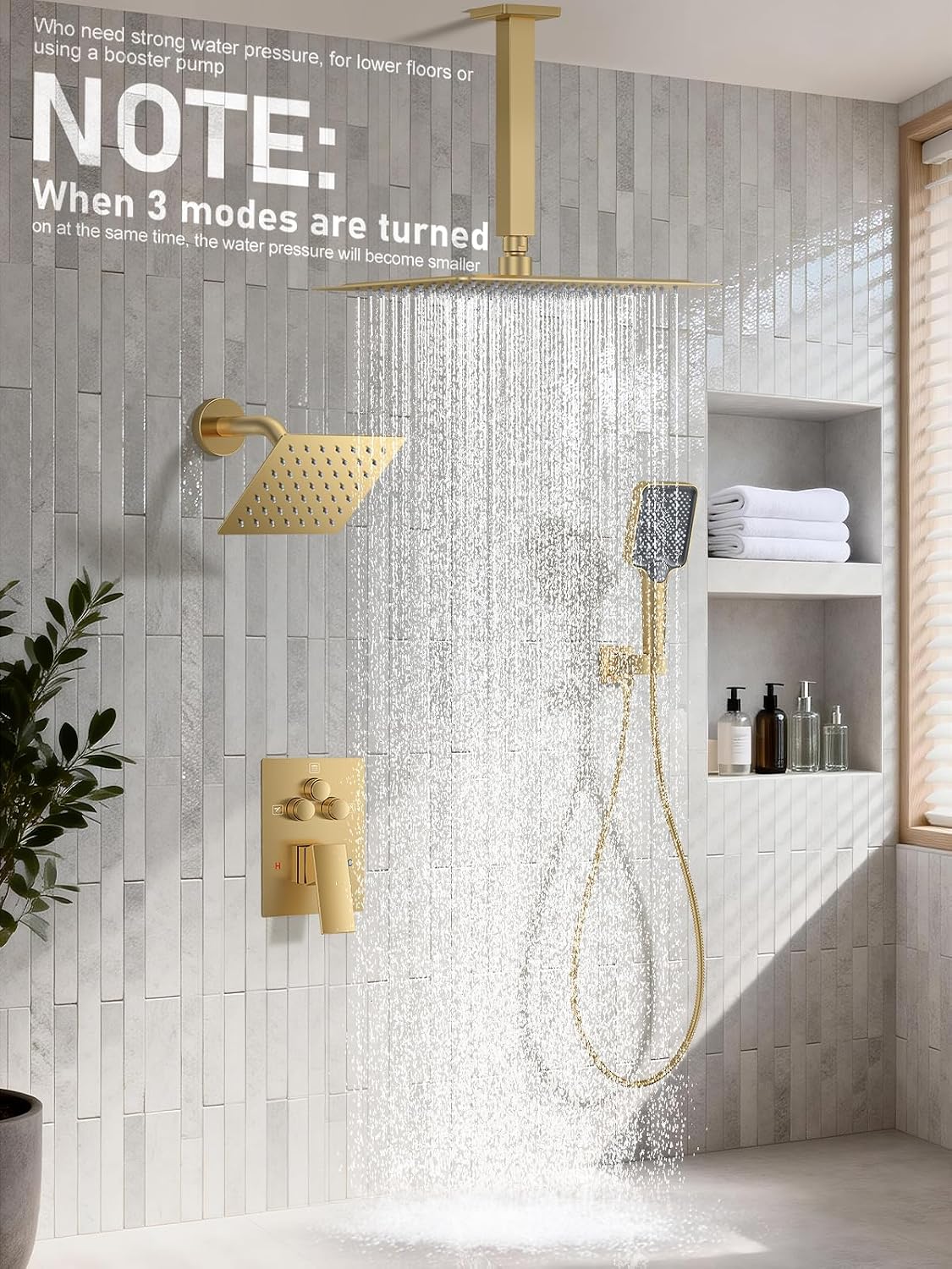 Woindo Shower Faucet Set, 10' Ceiling Mount Rainfall Shower System with 2 Rain Shower Head and Multi-function Handheld Head Push Button Diverter Shower Faucet Trim Kit