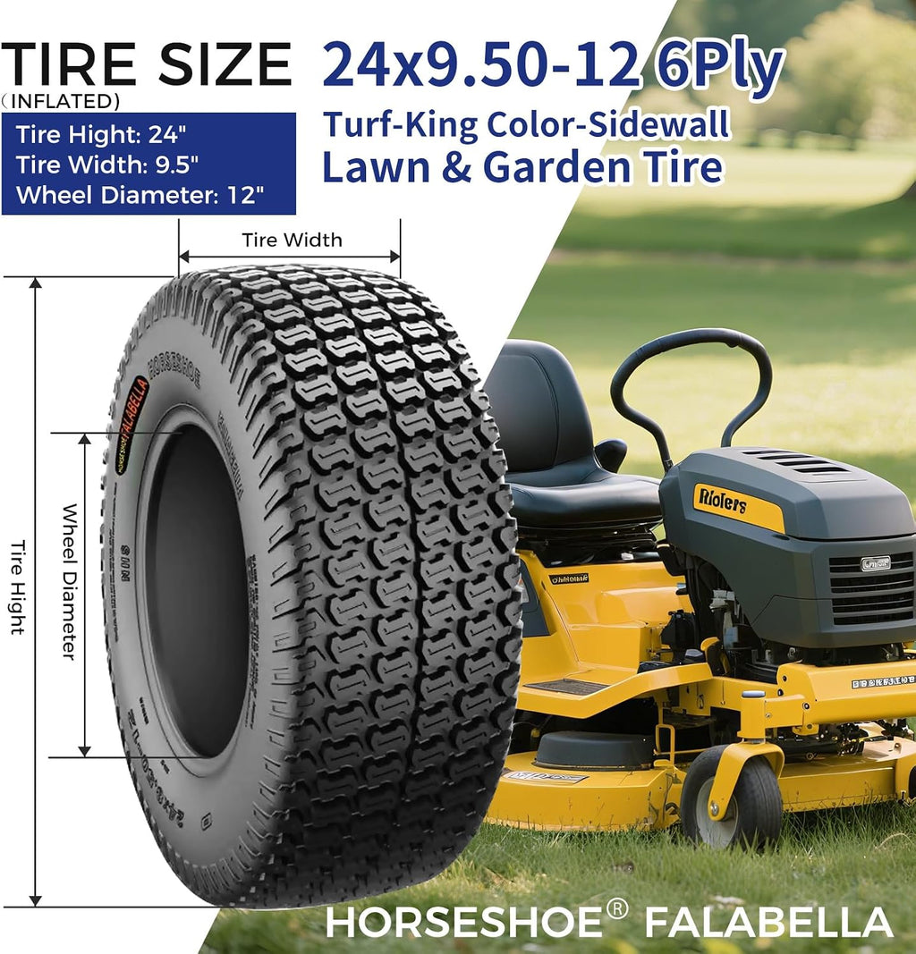 HORSESHOE FALABELLA (2-Pcs) 24X9.50-12 6-PLY LRC Lawn Mower 24x9.5x12 Riding Machine Golf Carts 24x9.5-12 Turf Equipment & Tractors Tires, Heavy Duty Turf-King, Color Sidewall