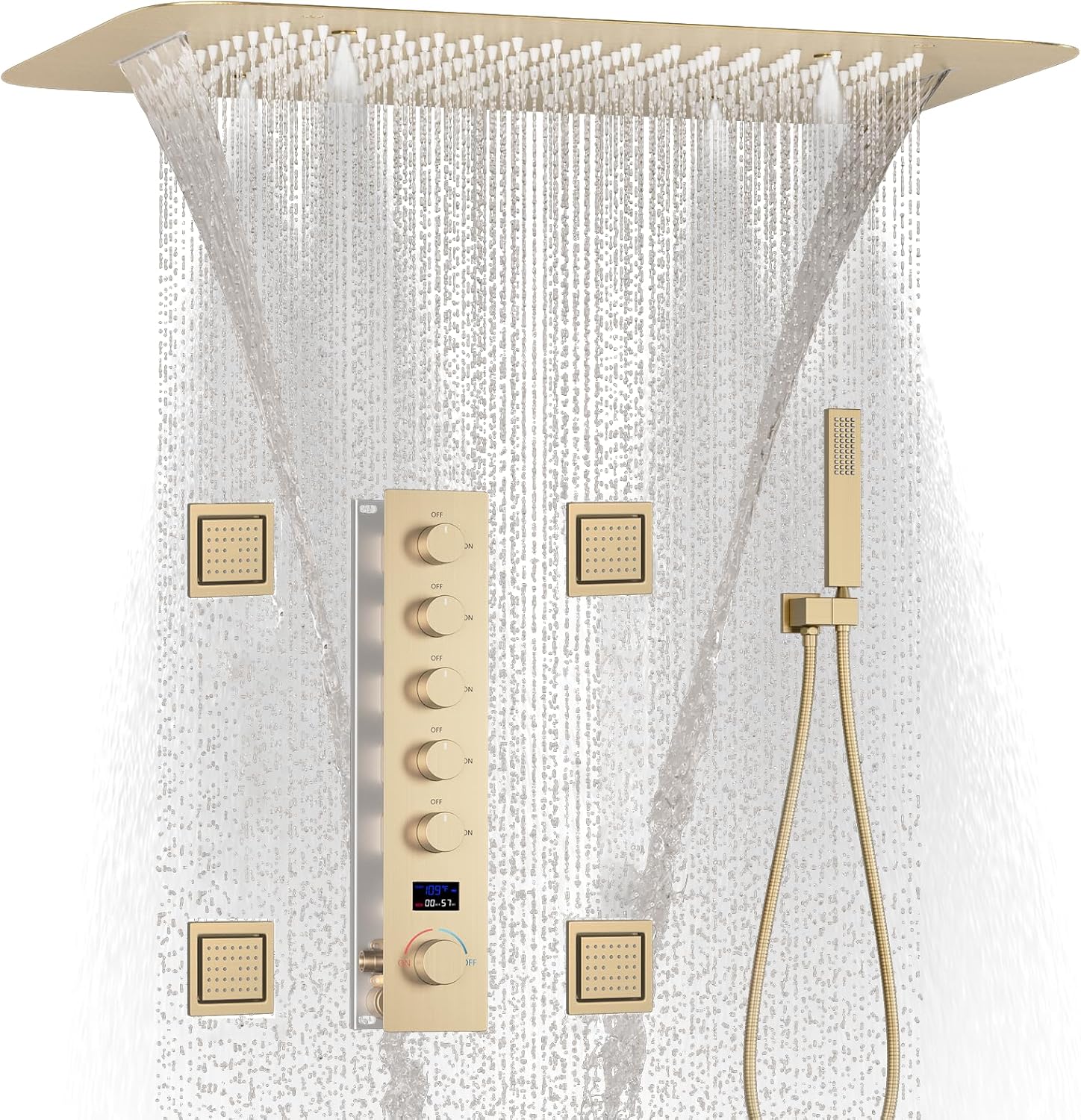 Brushed Gold Digital Display Shower System with 16X24 inch Rain&Waterfall&Mist 3 Modes Ceiling Overhead Shower Head, 4 PCS Body Jet and Handheld Spray