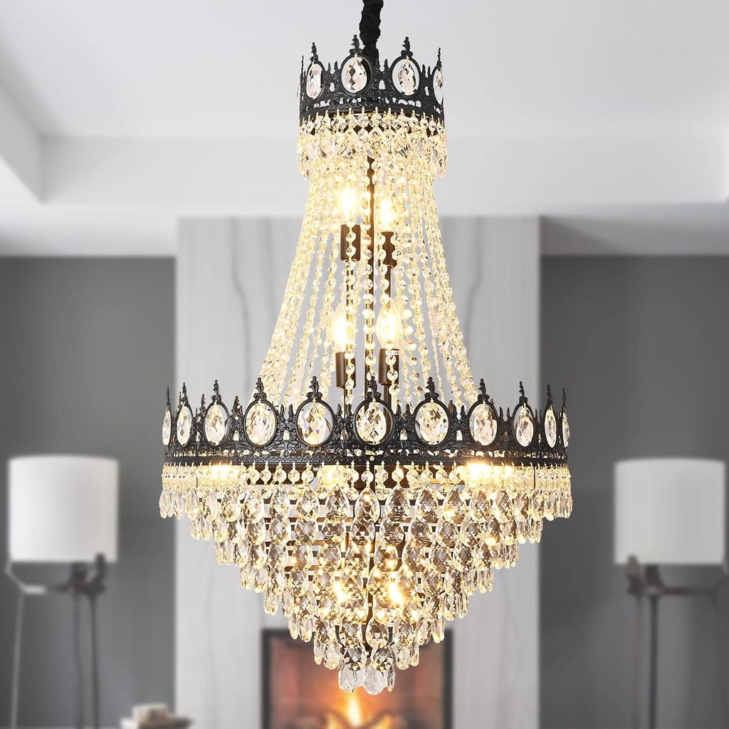 KoKo&Yukina Black 23.6' French Empire Crystal Chandelier - 14 Lights K9 Modern Farmhouse Adjustable Hanging Light for Living Room, Dining Room, Bedroom