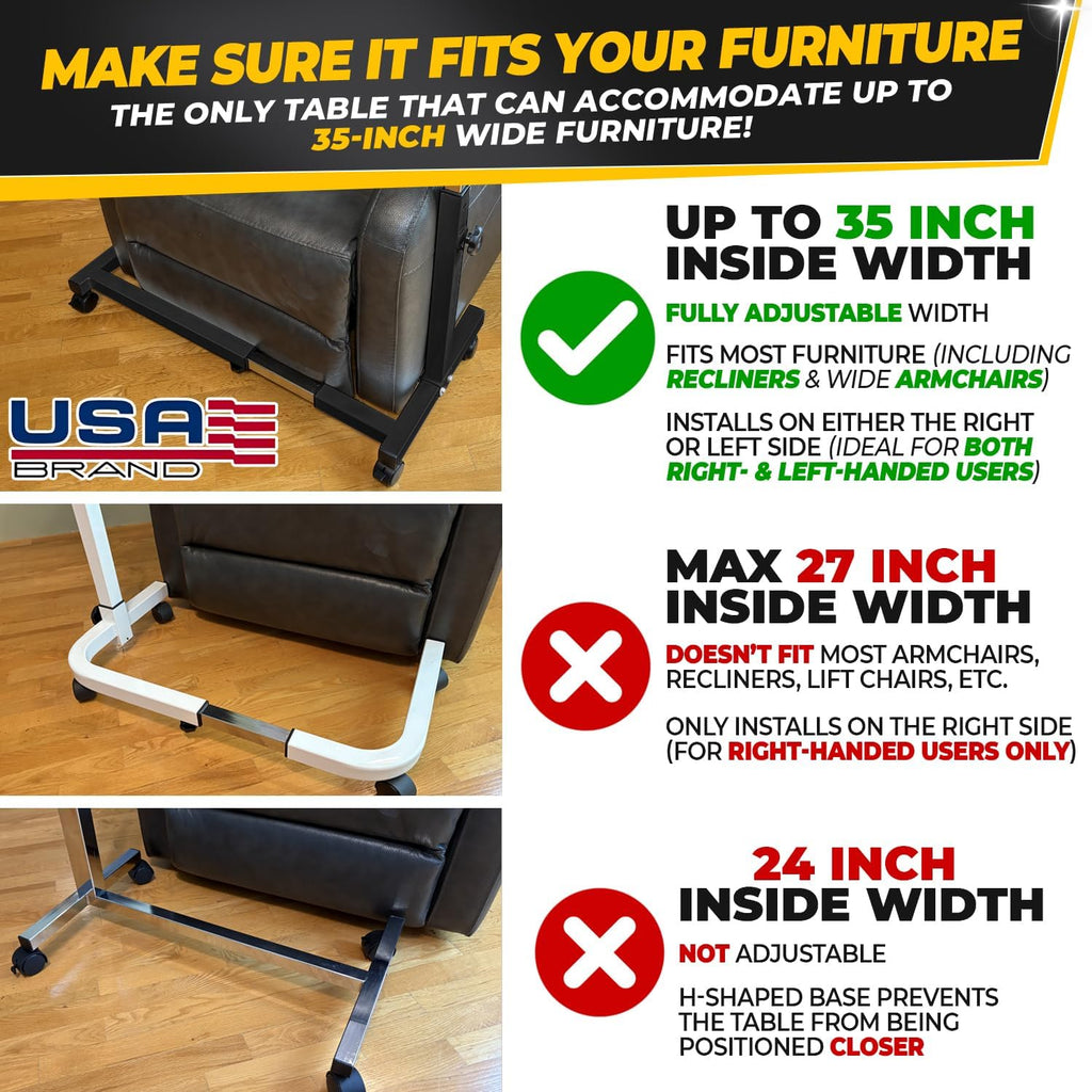 Recliner Table, Over the Bed Table with Wheels, Adjustable Width & Height, with Split Tilt Design & 4 Caster Wheels with Brakes (Beechwood Tabletop, Black Base)