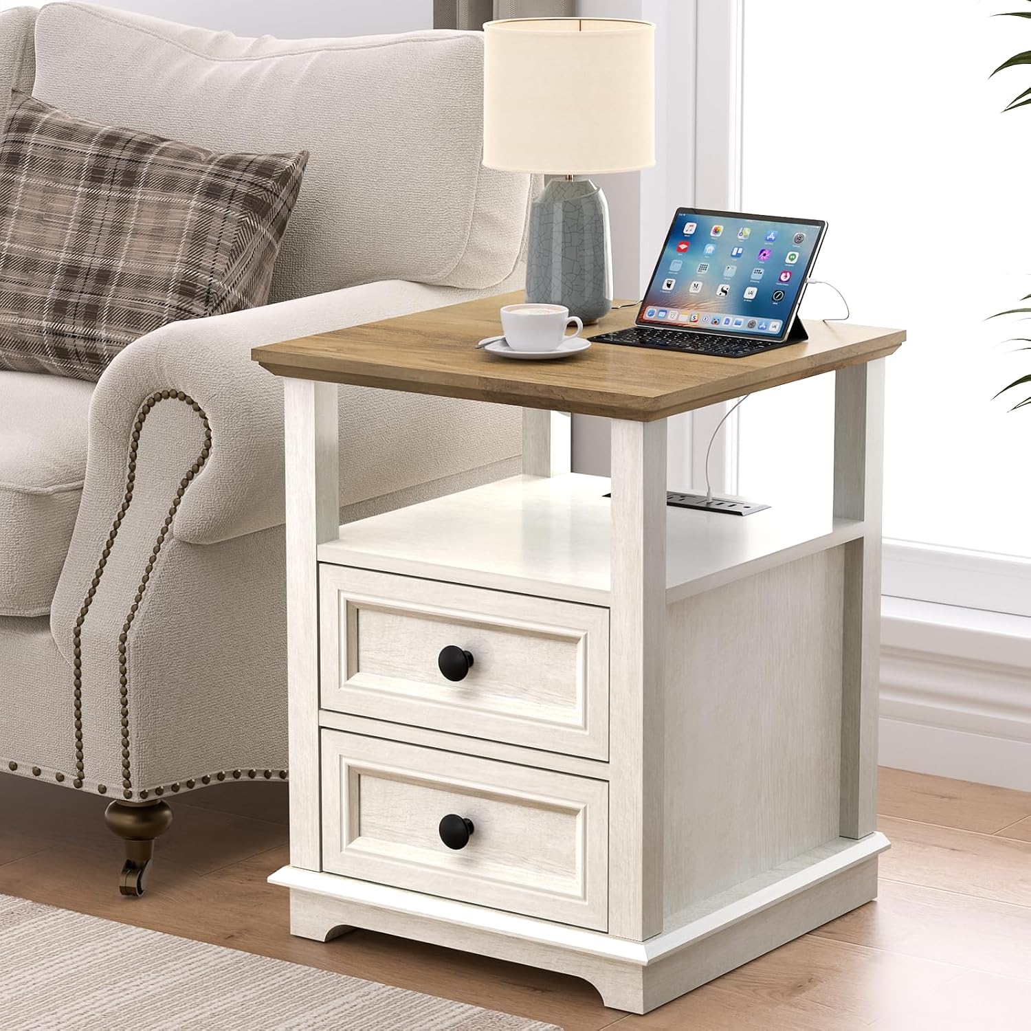 REDAYFUR End Table with Fast USB C Charging Station, 18' Wide Tall Sofa Side Table with 2 Drawers, Large Storage Rustic Wood Square Storage Cabinet for Living Room,Bedroom,Office, White