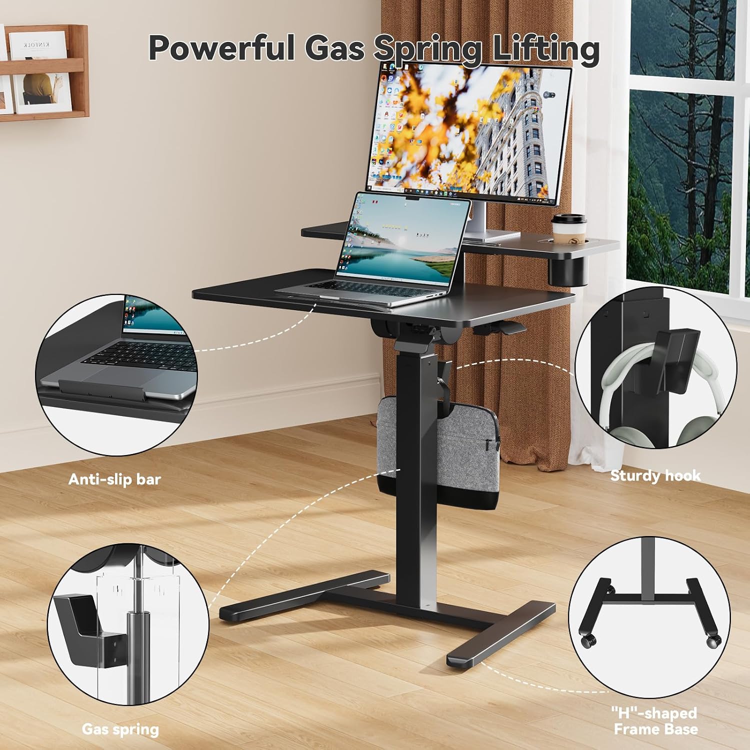 28Inch Rolling Standing Desk On Wheels， Small Computer Workstation Adjustable Height， Mobile Laptop Stand with Tiltable Desktop， 2-Tier Portable Study Table with Storage Shelves， Black