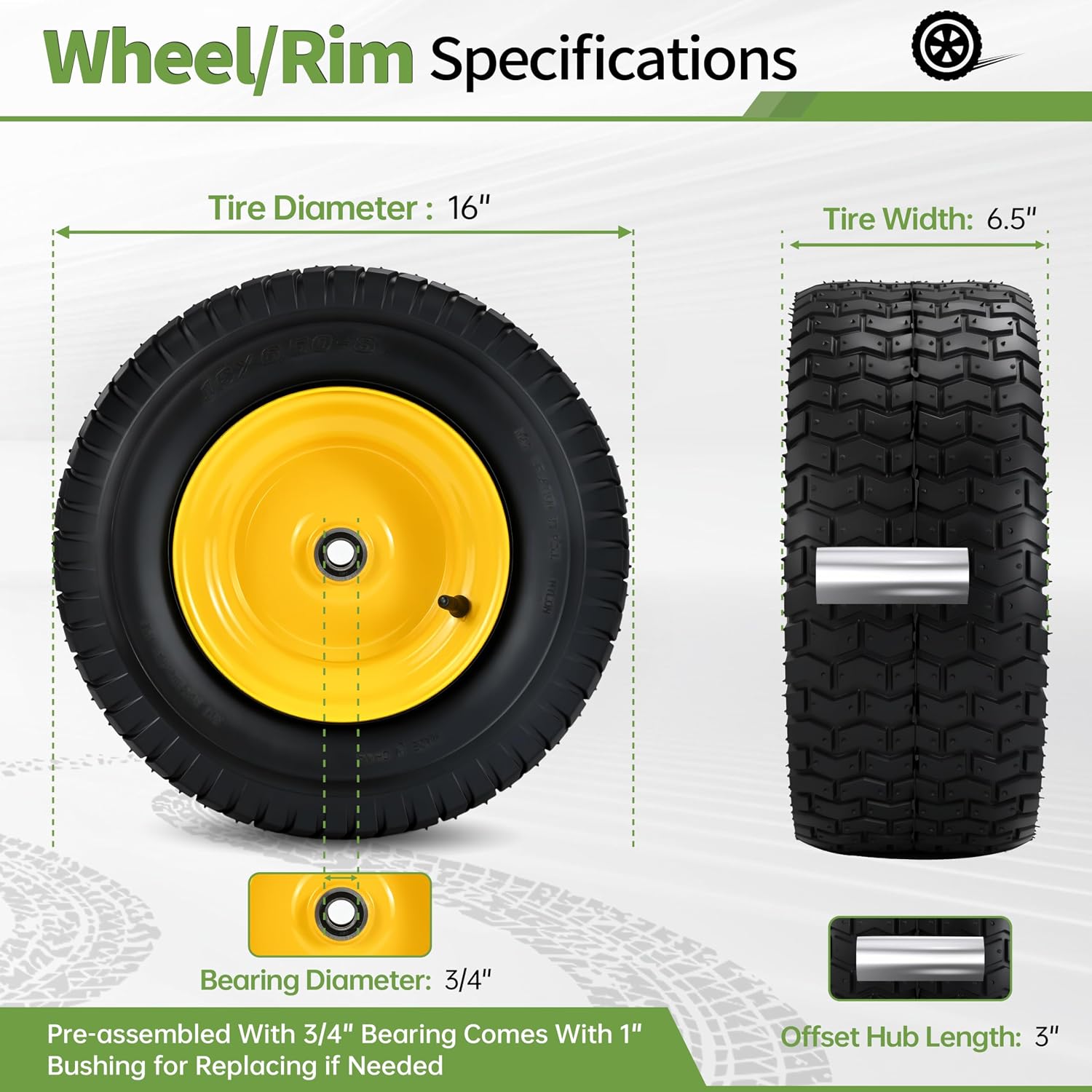 2 PCS 16x6.50-8 Tubeless Tire and Wheel, 3'-5'Offset Hub,with 3/4'Bearing 1'Bushing, Universal Fit Riding Lawn Mowers and Garden Tractor Front Wheel Assembly,4 Ply 16x6.5-8 Lawn Mower Tires,35 Psi