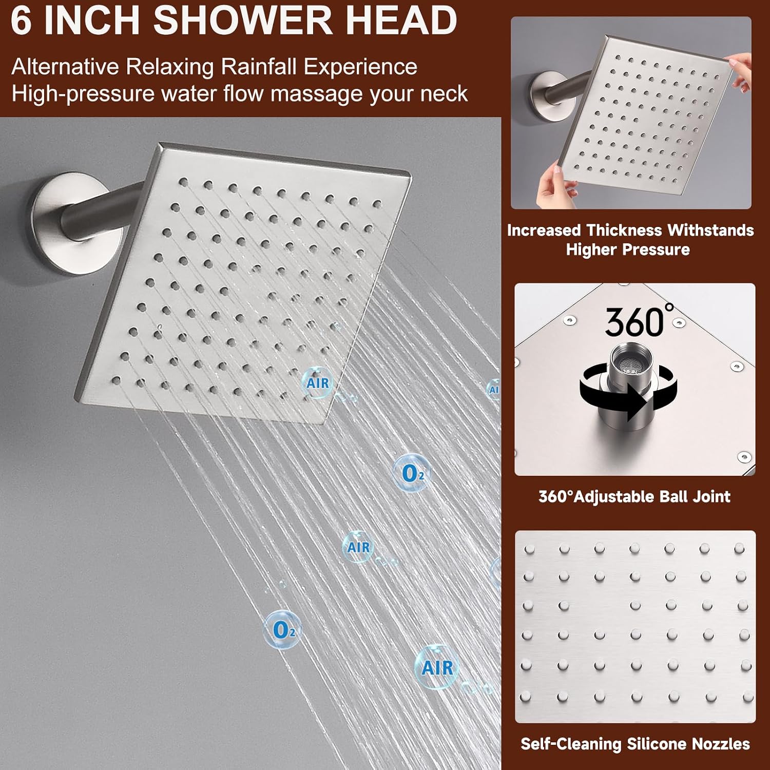 Dual Shower Head System Brushed Nickel 12' Ceiling Mount Rainfall Shower and 6' Wall Mounted Shower Head System with Handheld Spray, Push Button Diverter Shower Faucet Set, Can All Run Together