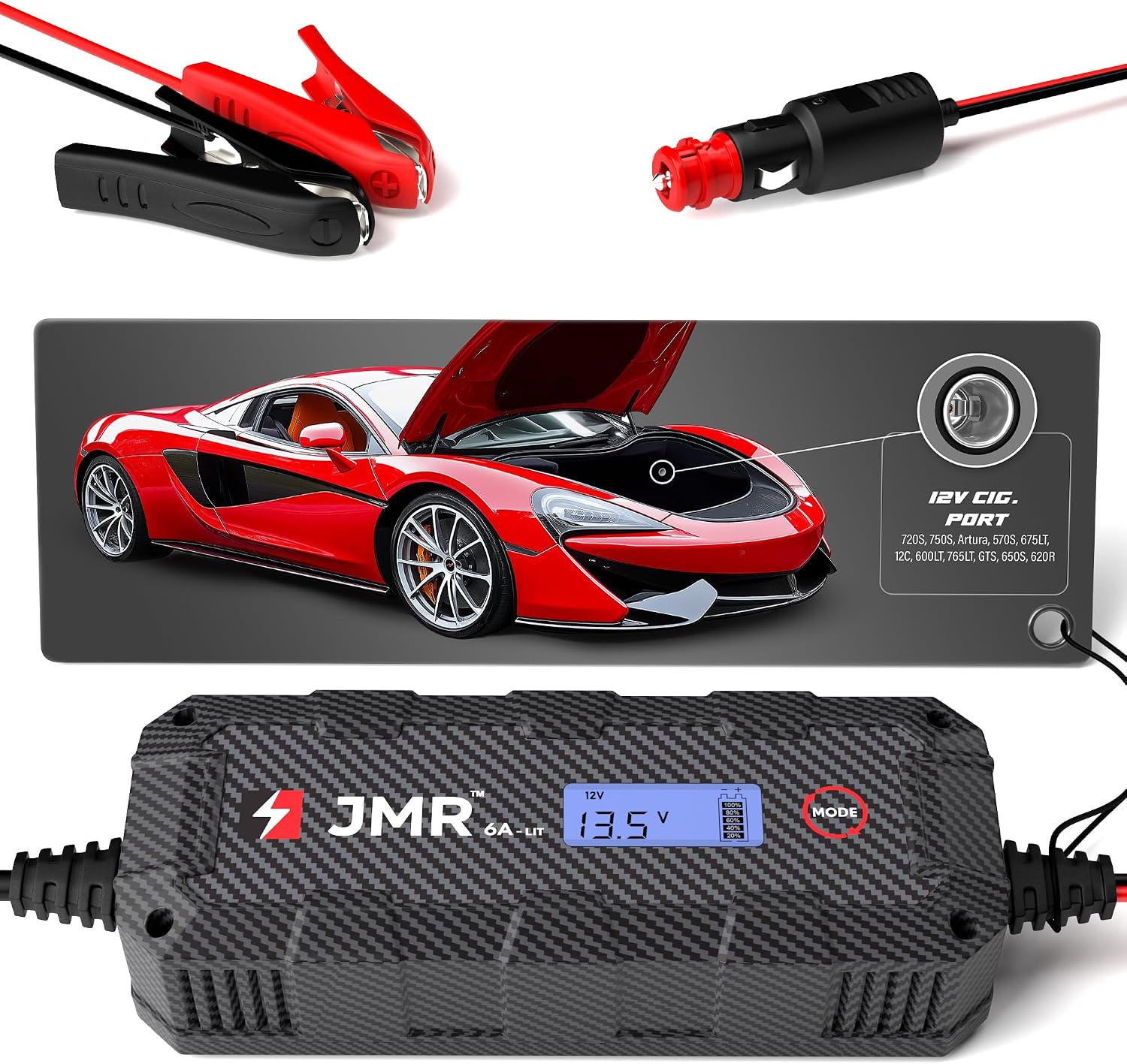 JMR Lithium Battery Charger for McLaren 720S 750S Artura 570S 675LT 12C 600LT 765LT GTS 650S 620R All Models Trickle Charger Conditioner Maintainer